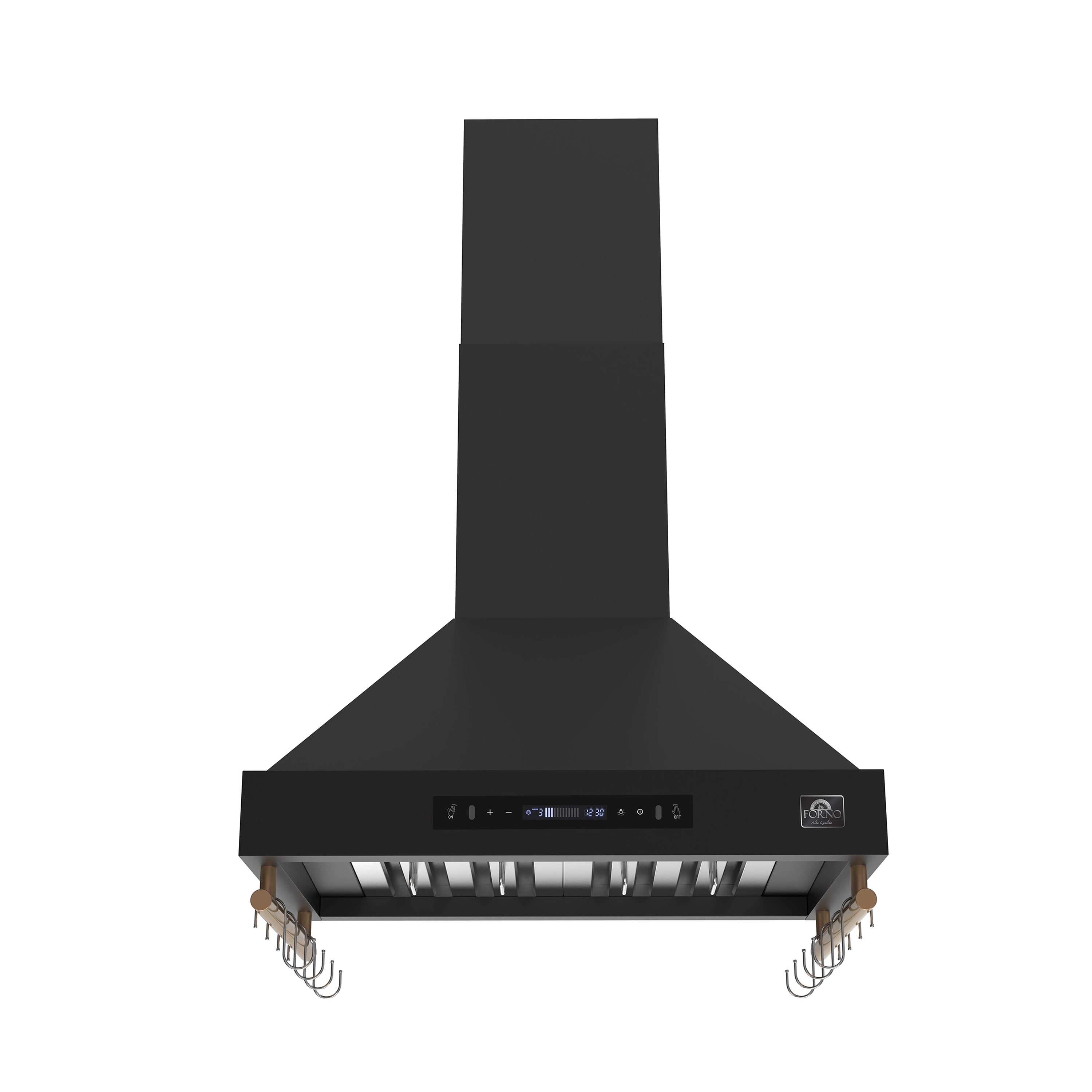Black wall-mounted range hood with control strip and antique brass pot hook rail