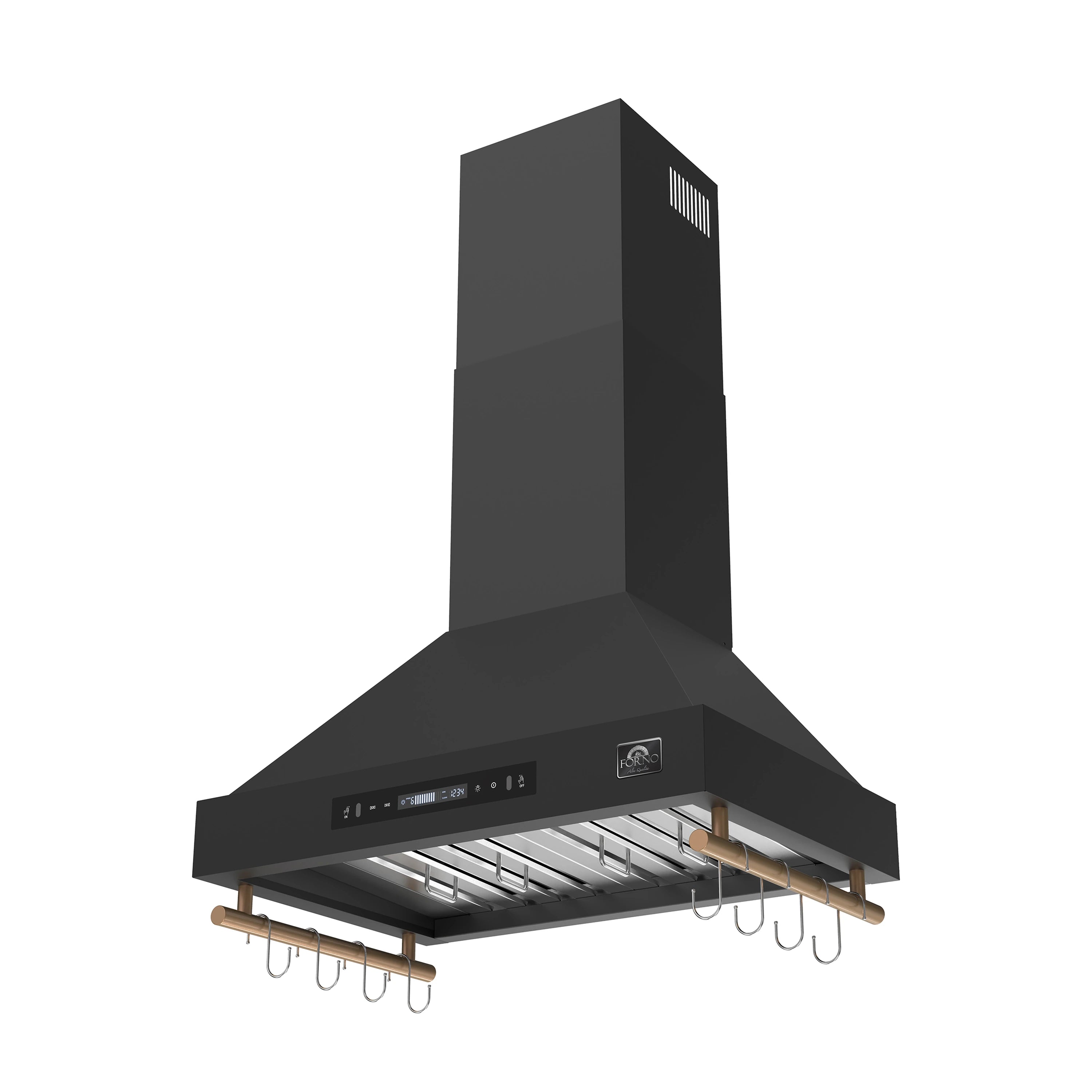 Black chimney range hood with vented underside, internal baffles, and hanging hooks