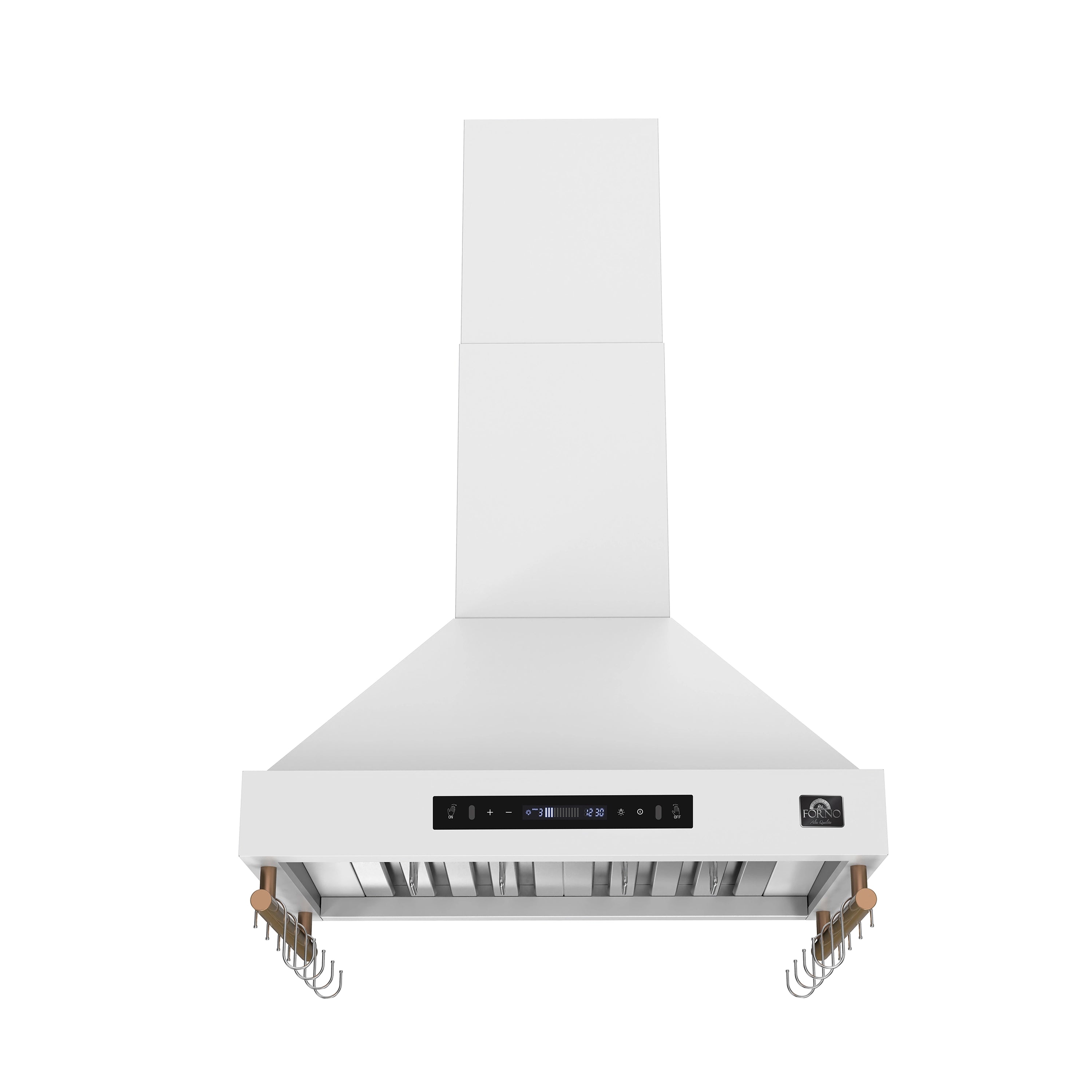 White wall-mounted range hood with vent grille, control panel, and metal side loops