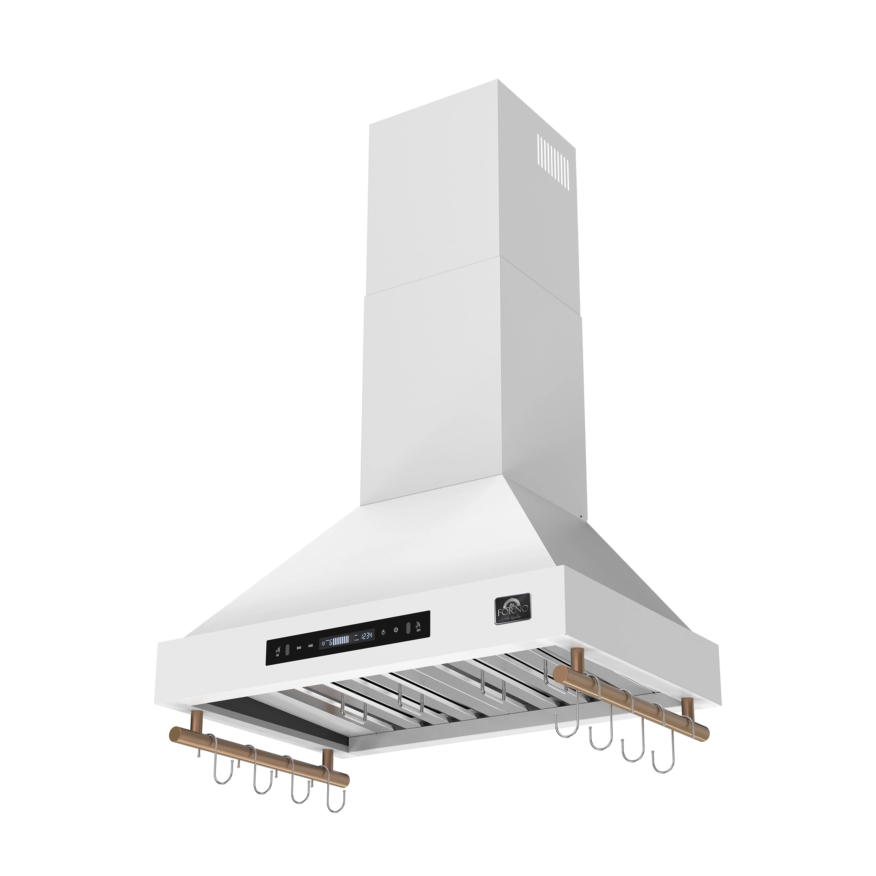 White wall-mounted range hood with antique brass trim and curved chimney canopy
