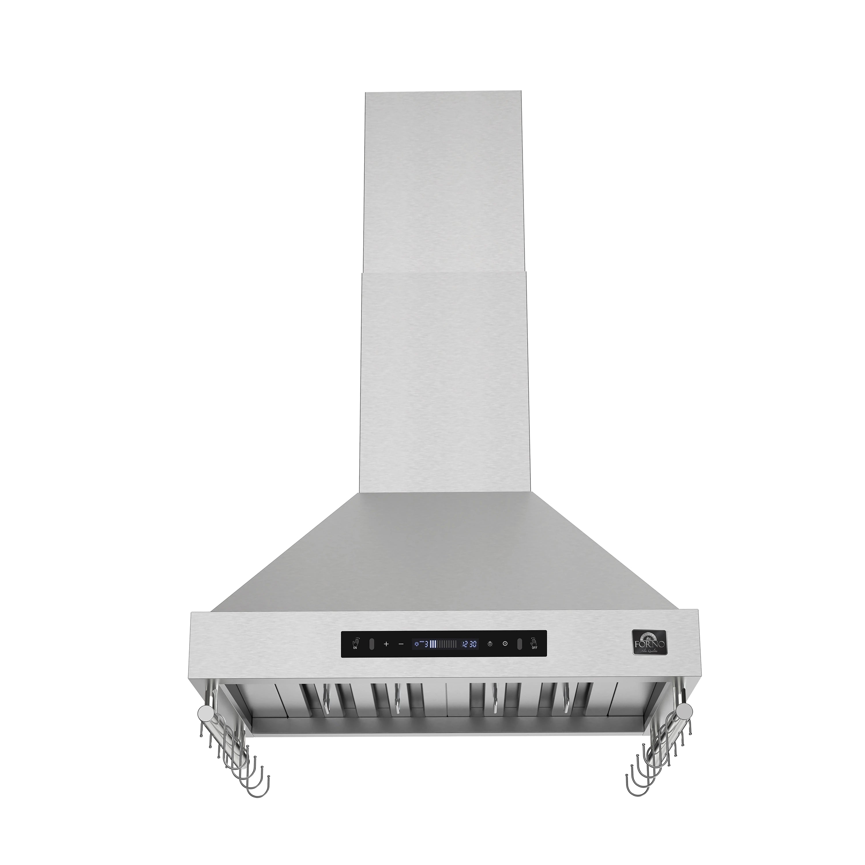 Stainless steel wall-mounted range hood with chimney and control panel
