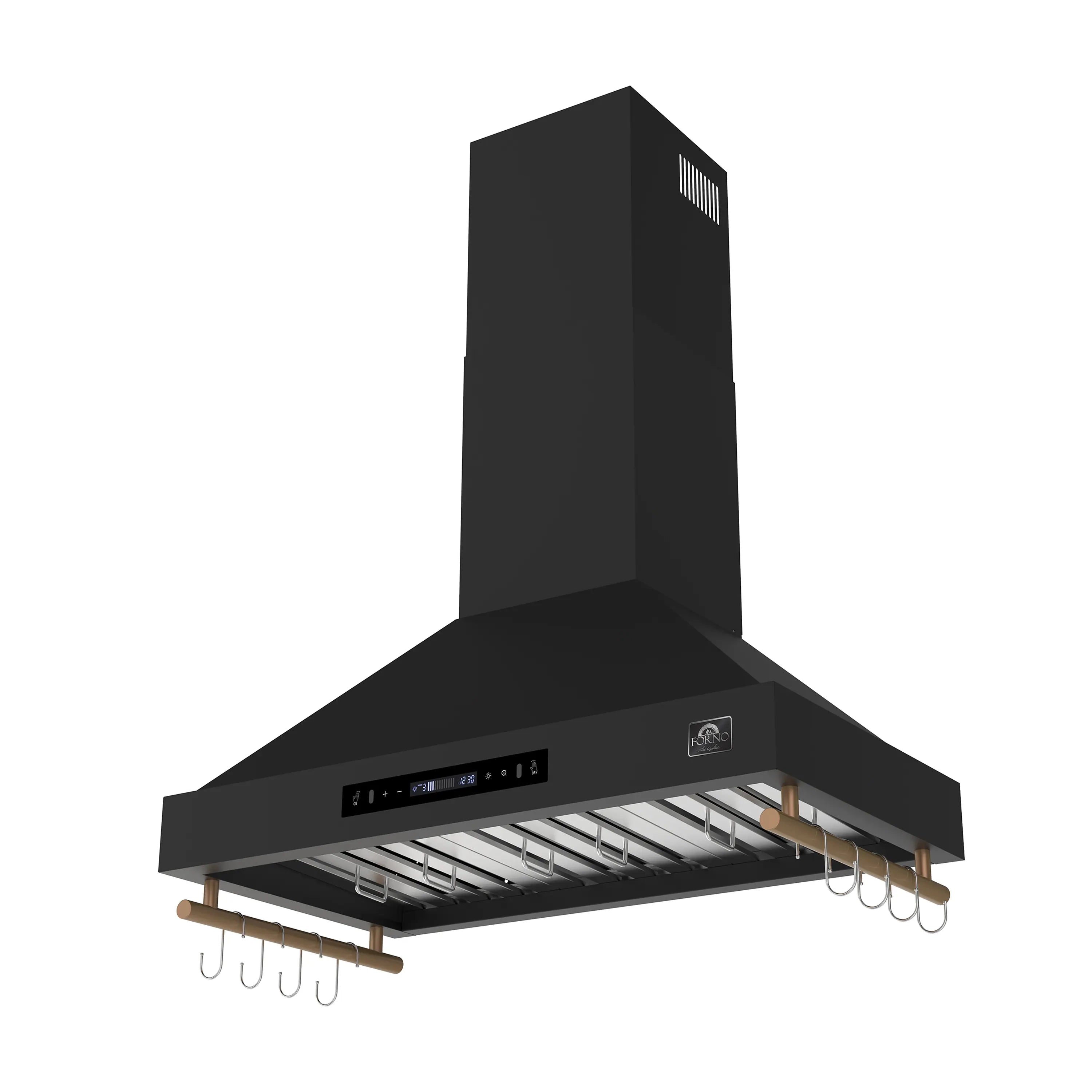 Black wall range hood with control panel, vent cover, and antique brass side trim