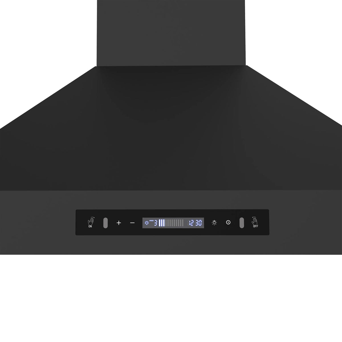 Range hood control panel with digital display and touch icons on black canopy