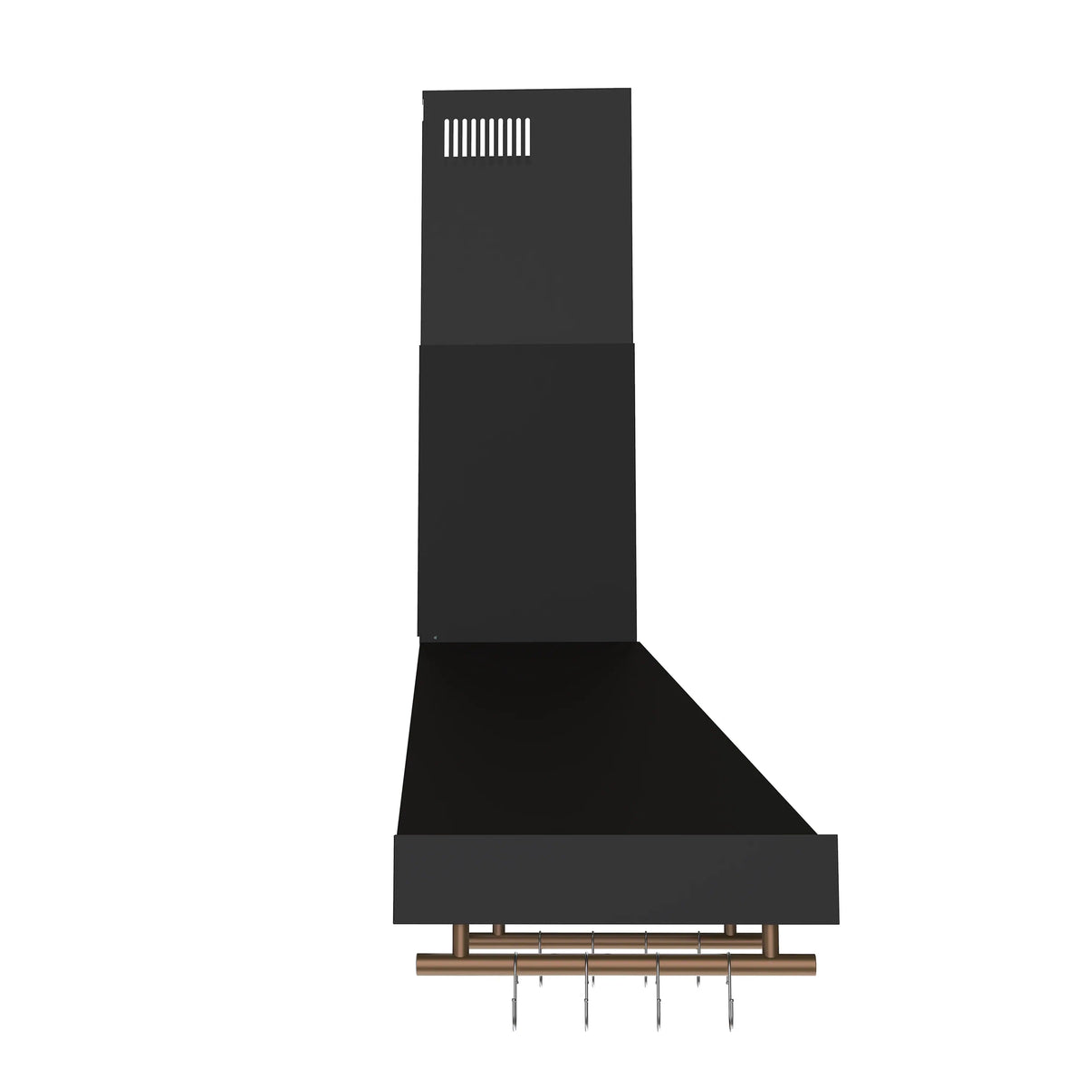 Black range hood side view with vent grille and antique brass mounting rails