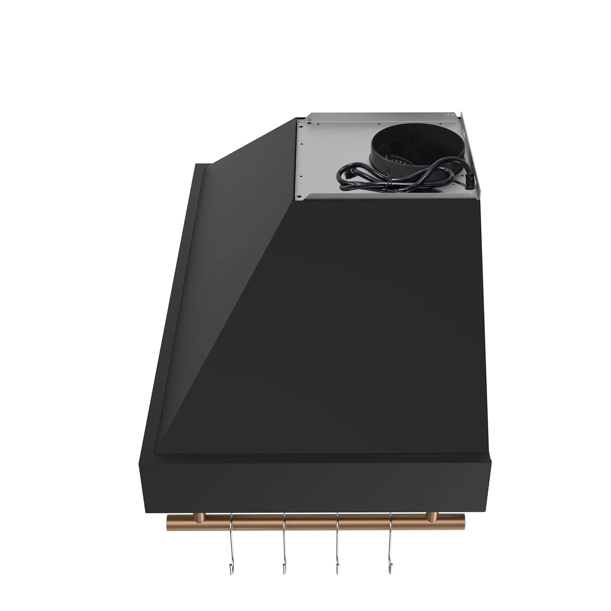 Range hood canopy underside with black cover and exposed wiring inside duct box