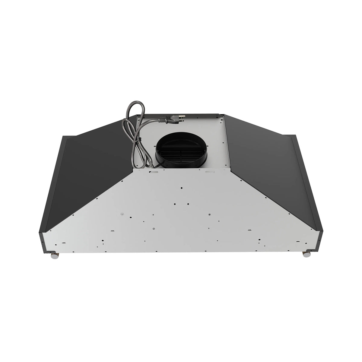 Under-mount range hood underside with vent fan cover and perforated metal base