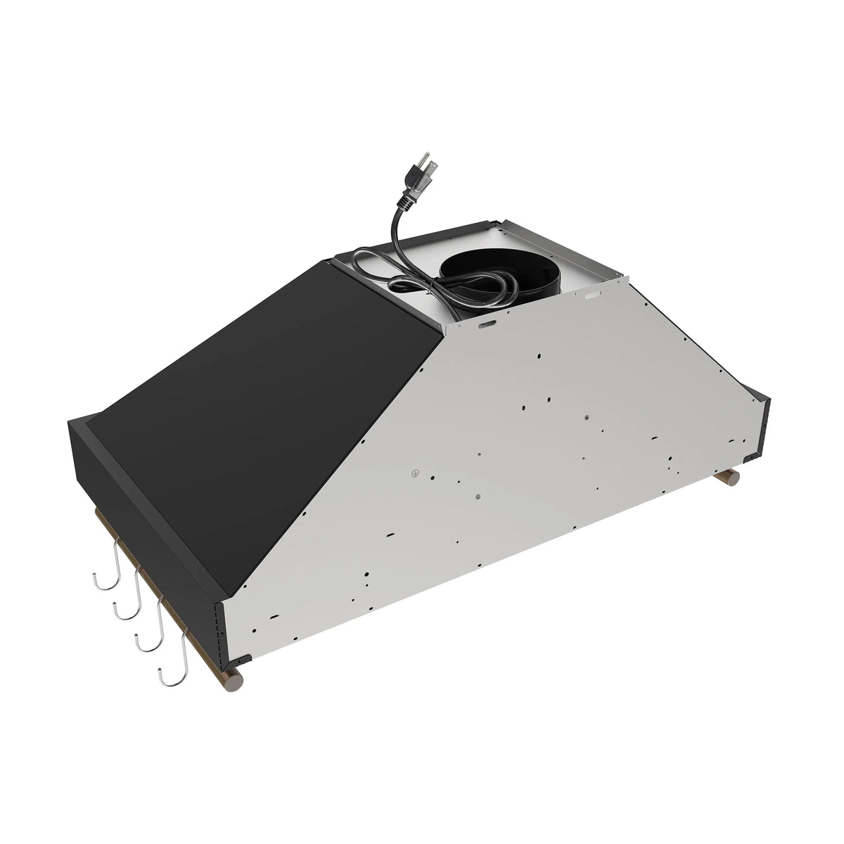 Wall hood interior with open duct box, wiring, and removable fan housing
