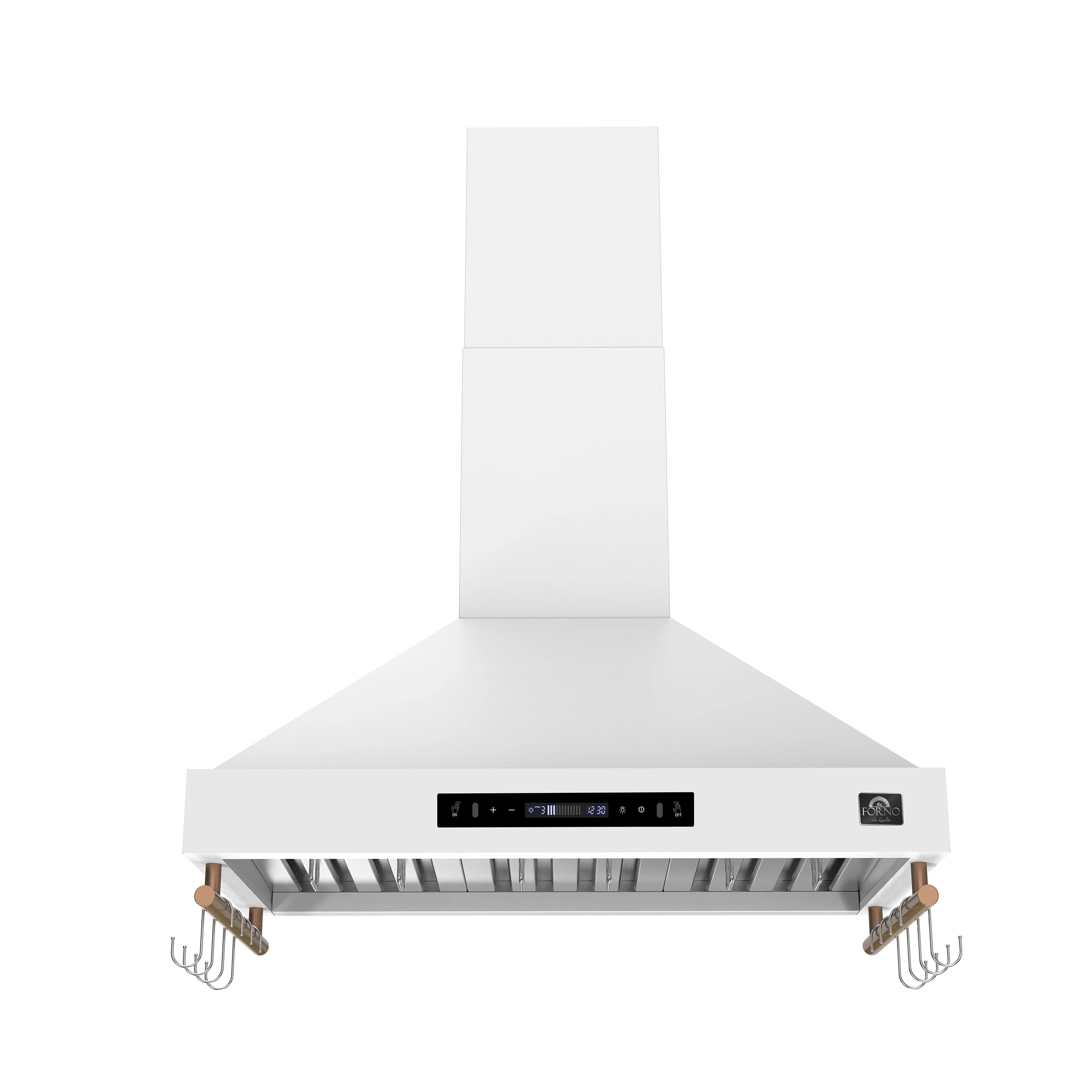 White range hood with black digital control strip and antique brass trim