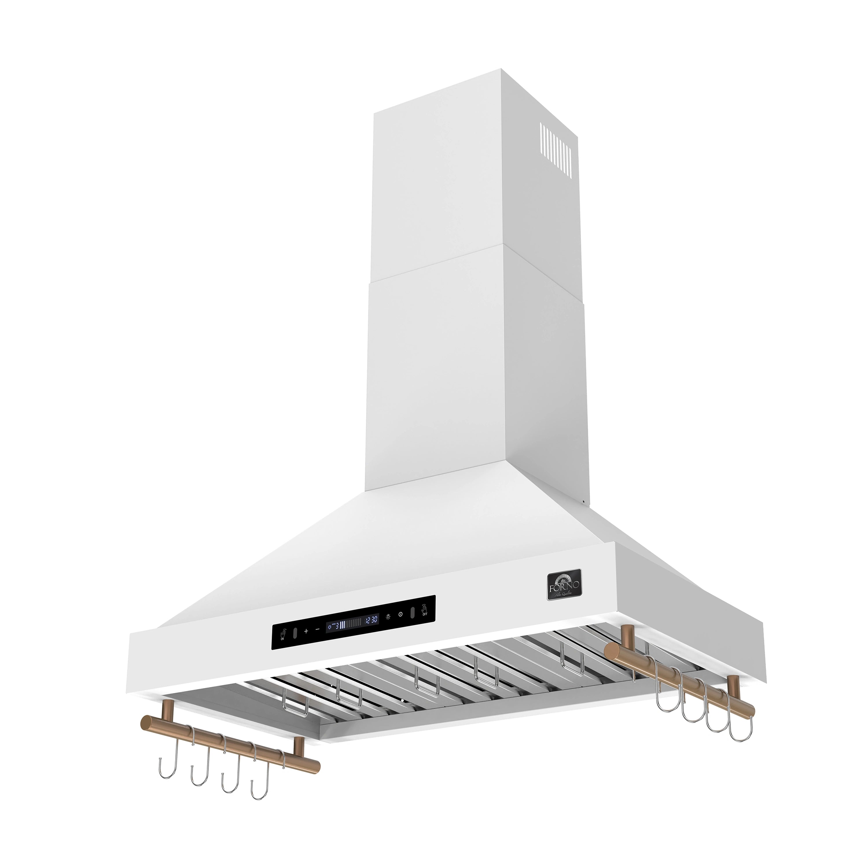 White range hood with pull-out vent grille, black controls, and brass side hangers