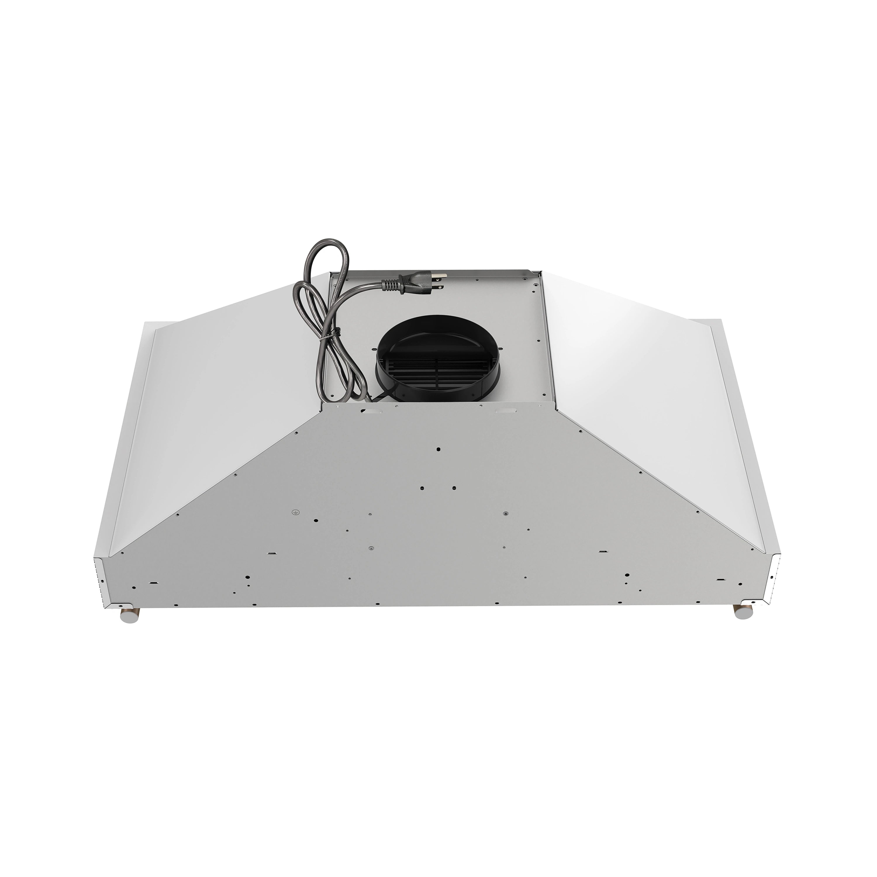 White range hood canopy with visible wiring and central blower housing