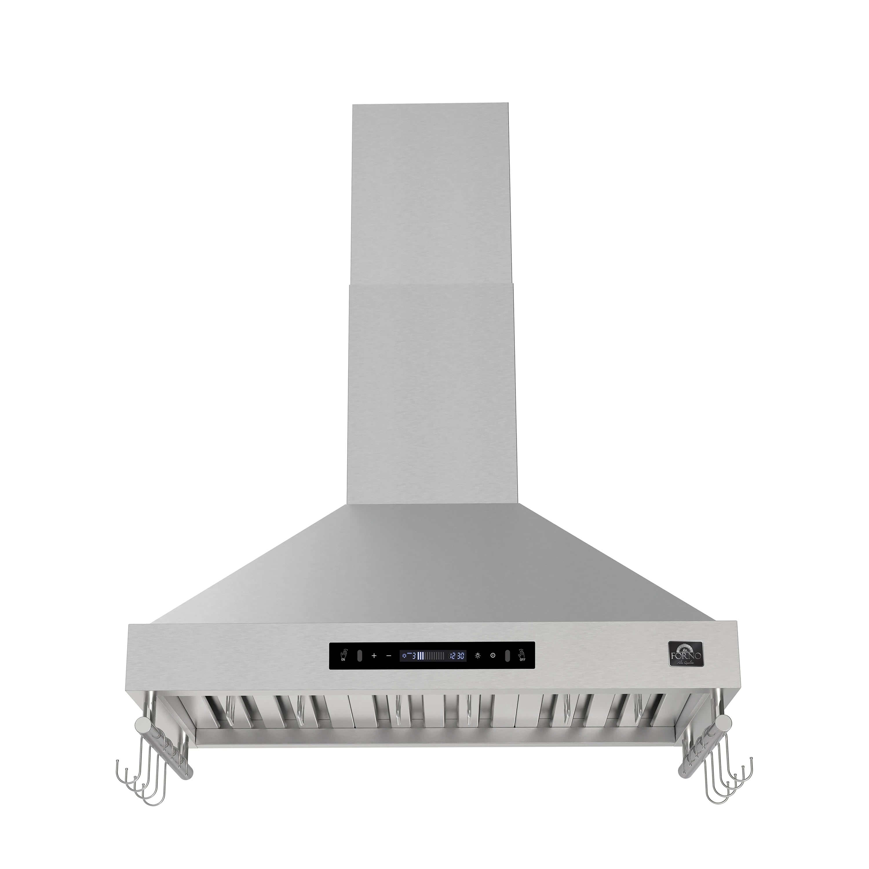 Stainless steel wall range hood with front vent filters and control bar