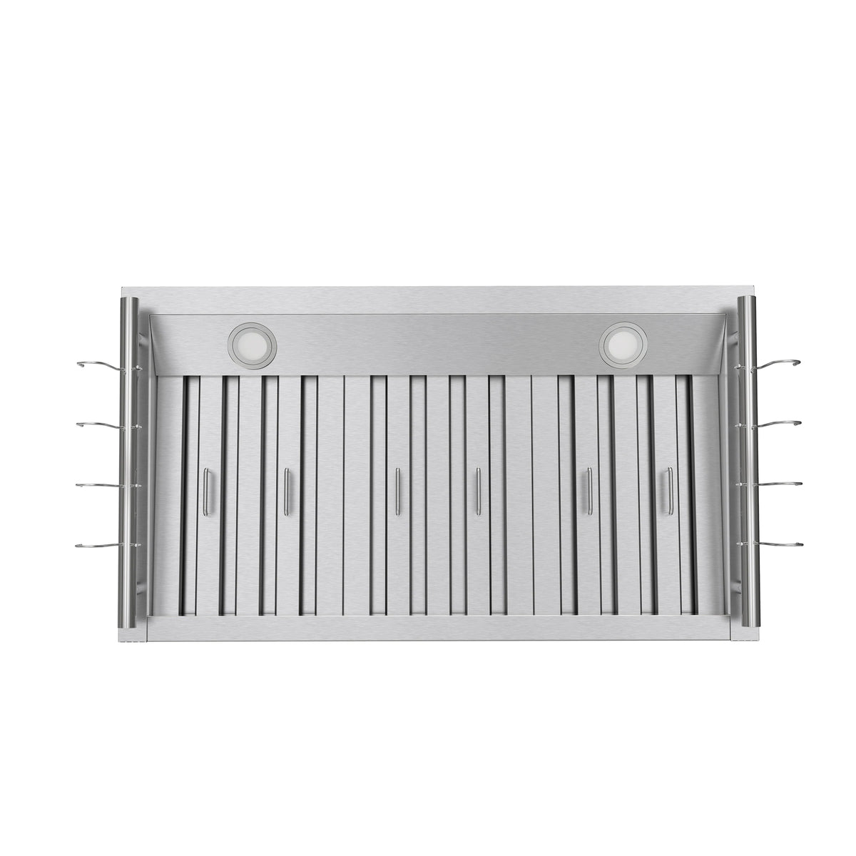 Stainless steel range hood underside with vent slats and side mounting flanges