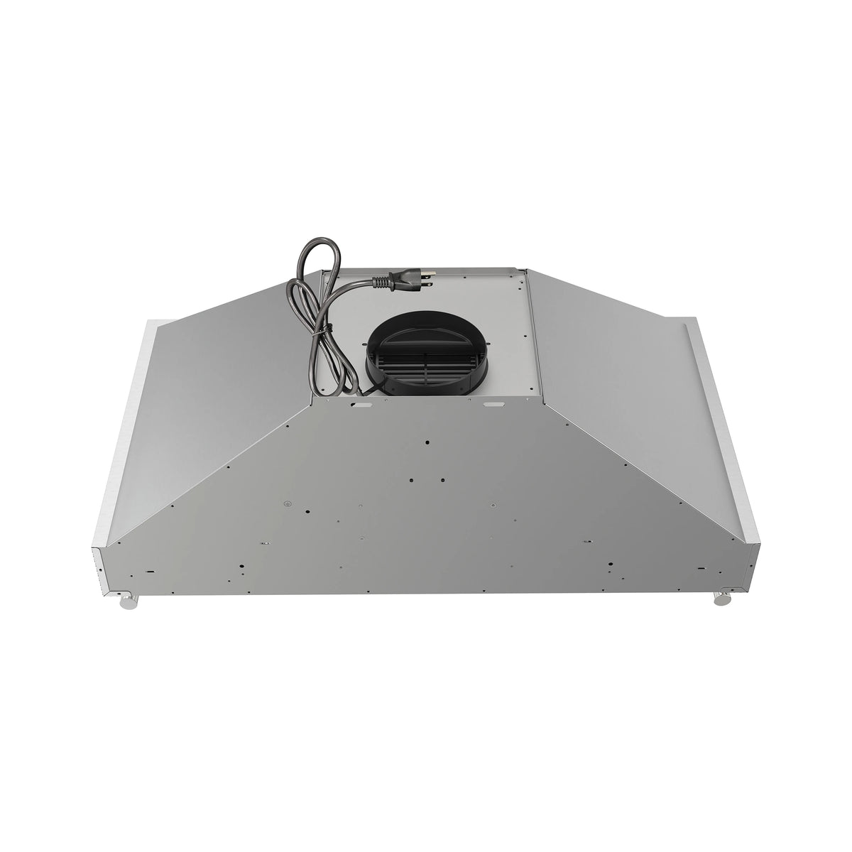 Stainless steel range hood fan compartment with cables and vent opening