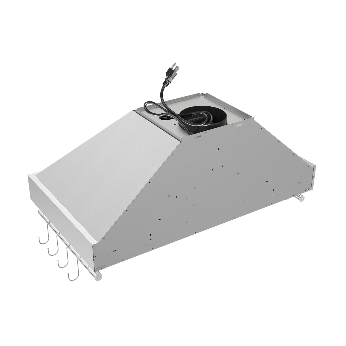 Stainless steel range hood blower housing with electrical cable and mounting feet