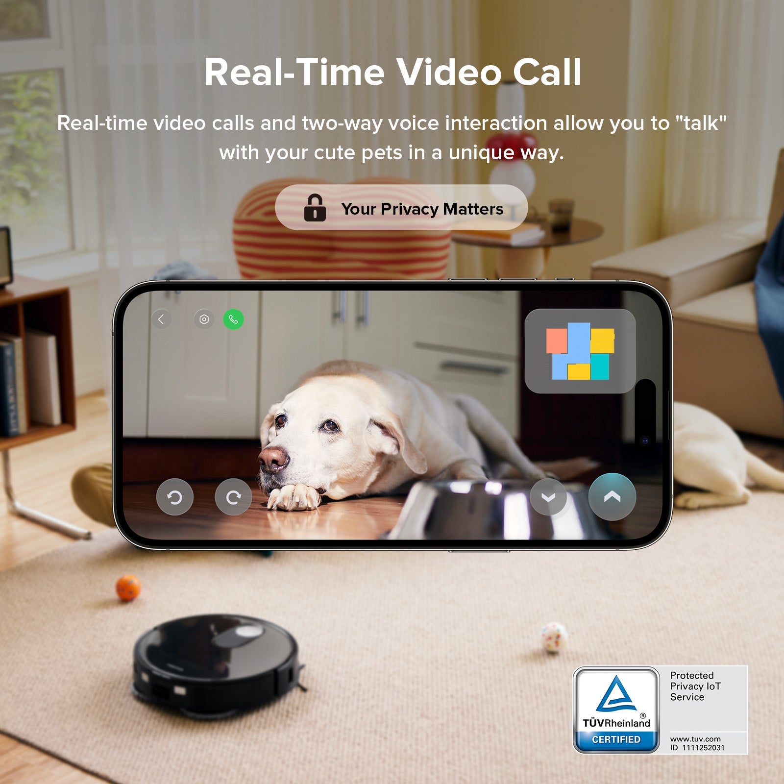 Robot vacuum with live video call on smartphone for two-way pet interaction
