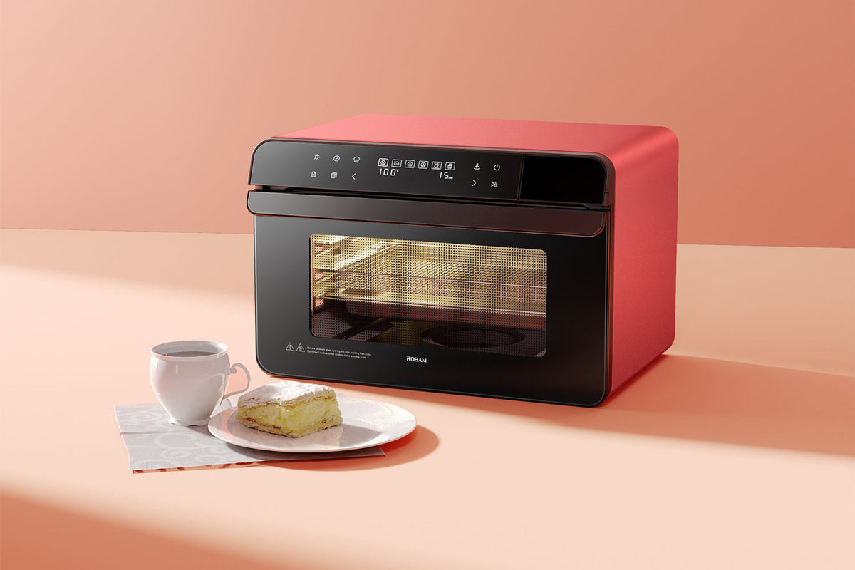 ROBAM combi steam oven, red exterior with glass window and top control display