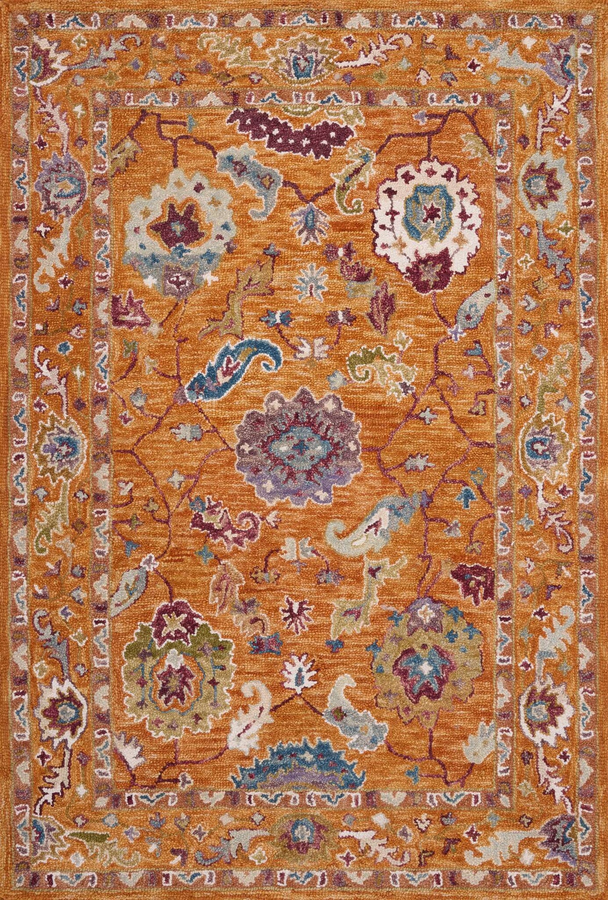 Orange transitional rug featuring central medallion, floral motifs, and ornate border