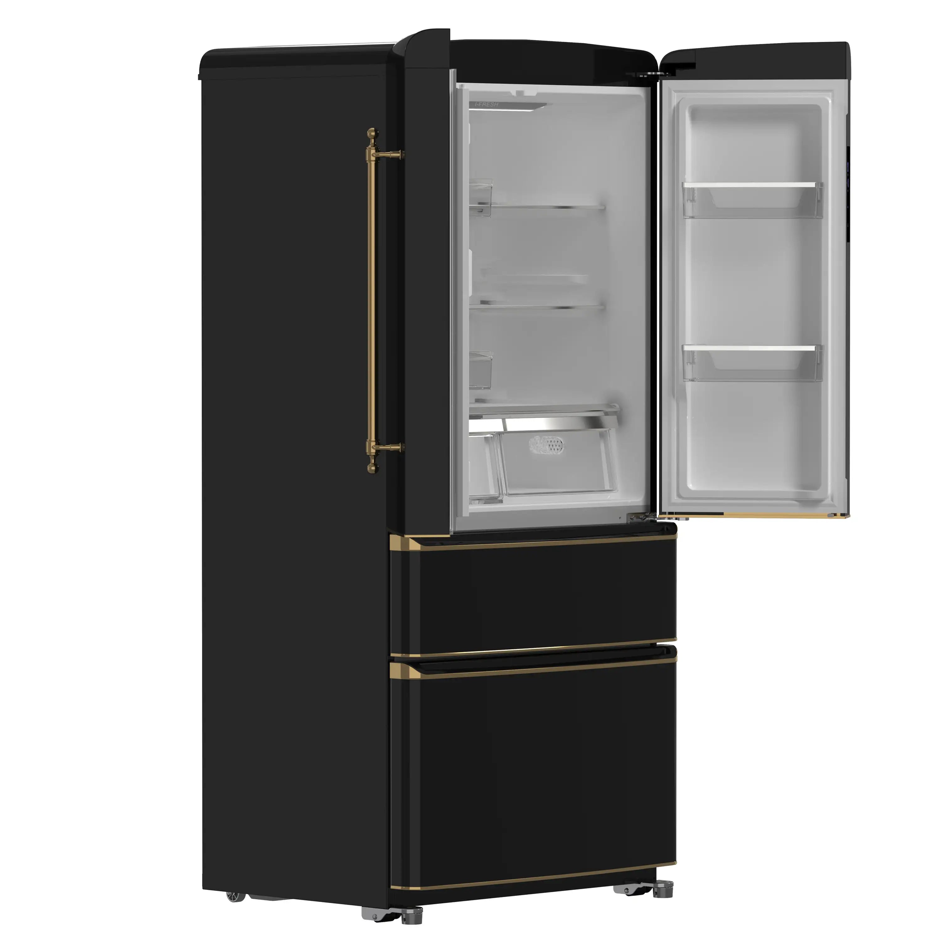 French door refrigerator with one door open showing freezer baskets and shelves