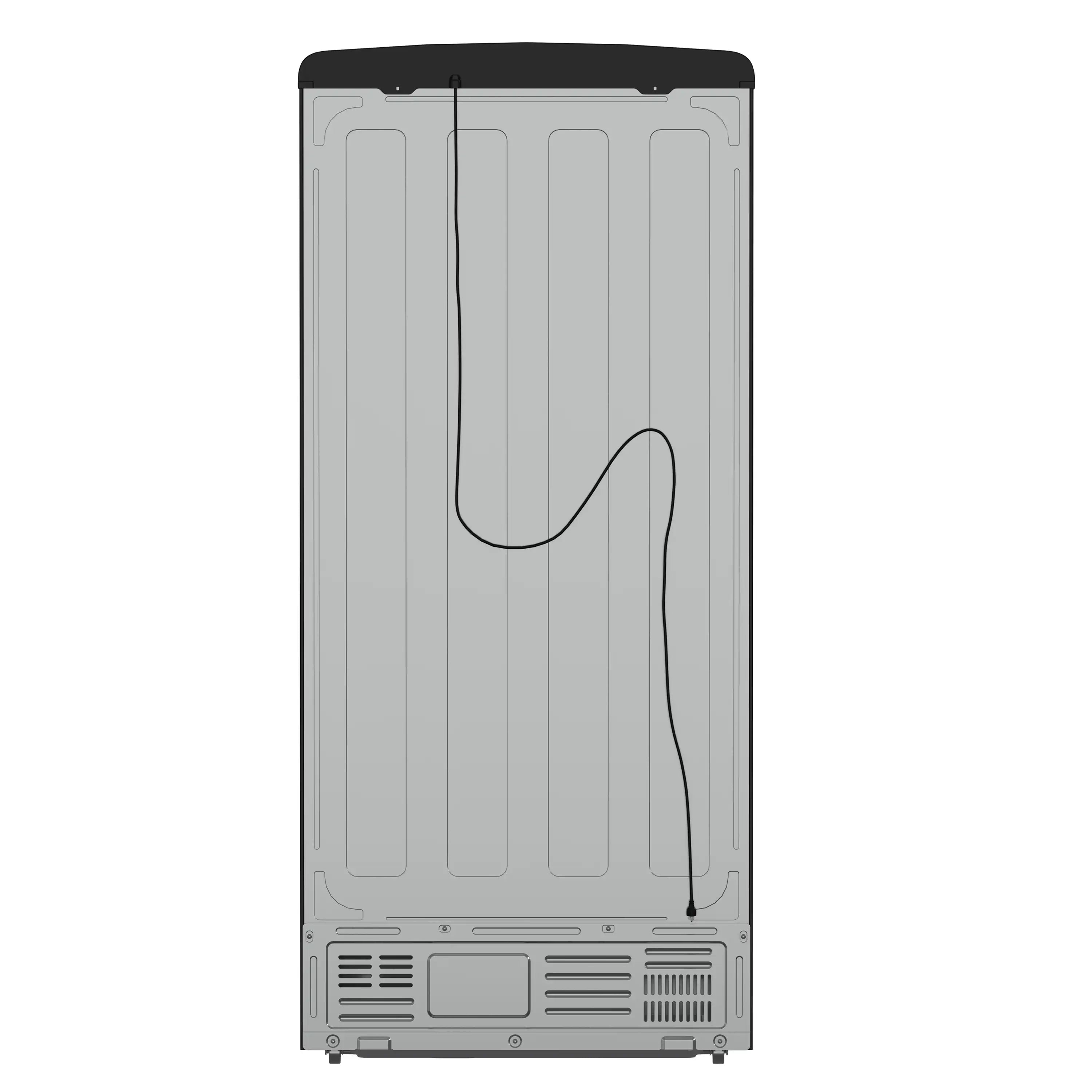 Refrigerator back panel with ribbed finish, power cord, and vented lower grille