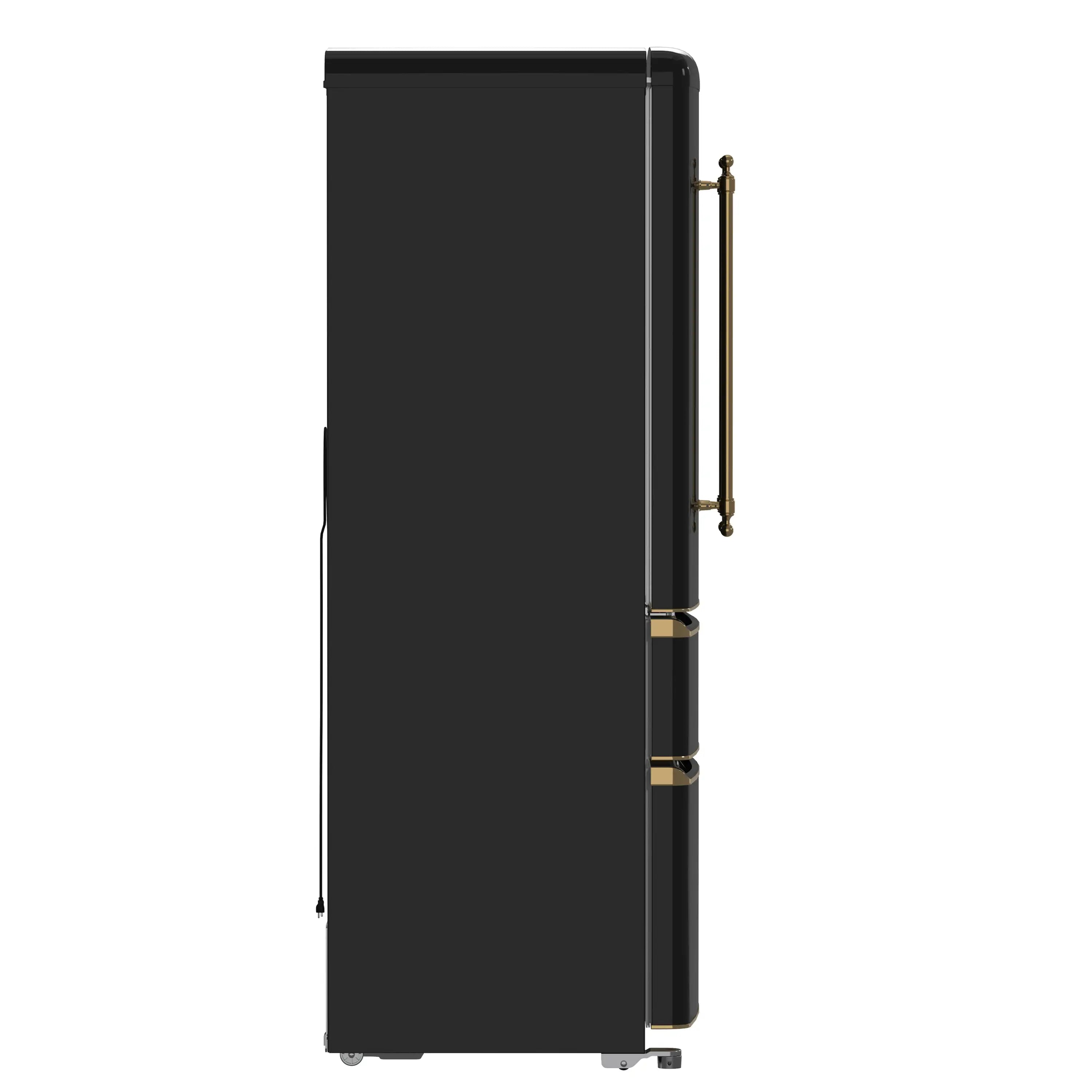 Black refrigerator side view with antique brass pull handles on French doors