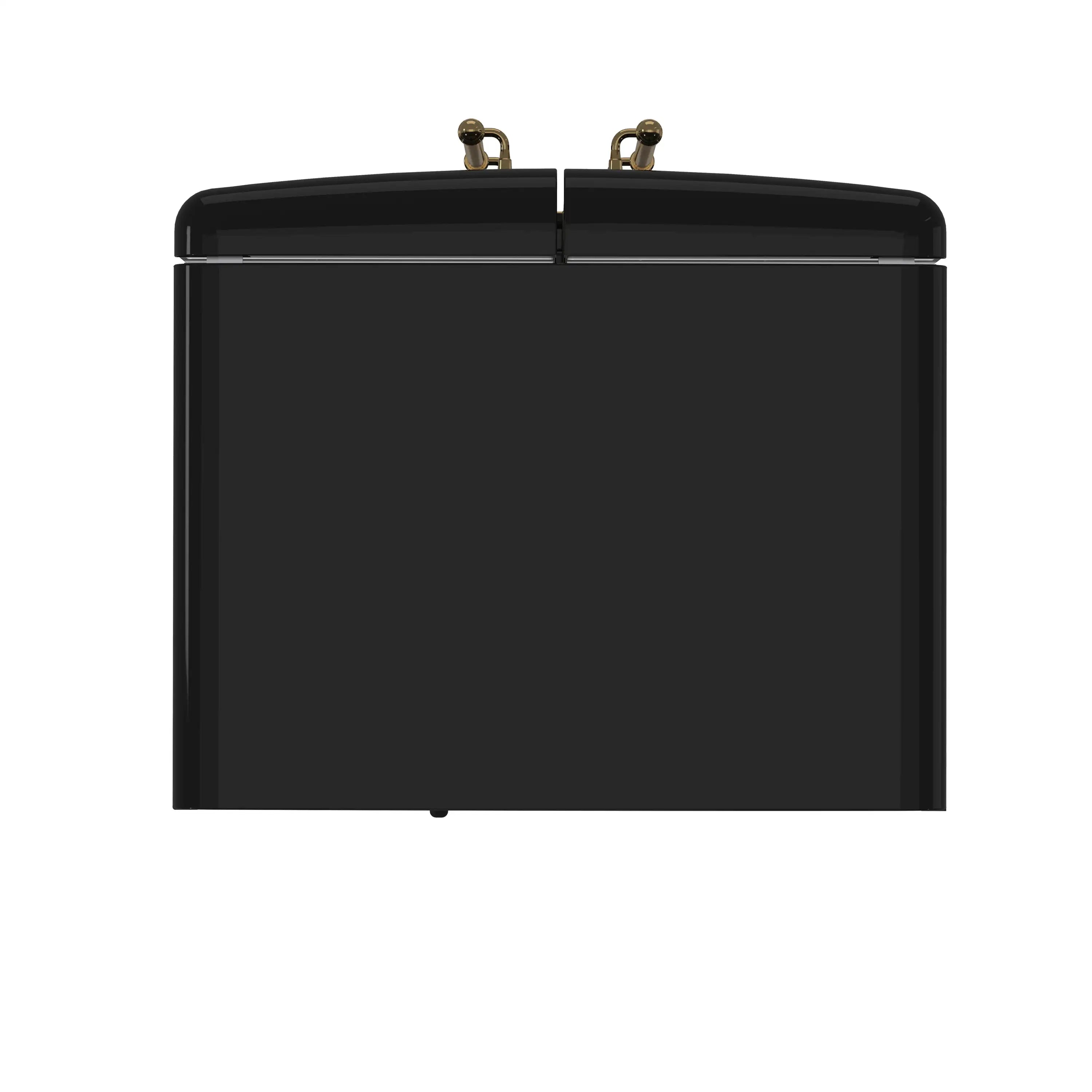 Black French door refrigerator top view with glossy finish and brass handles