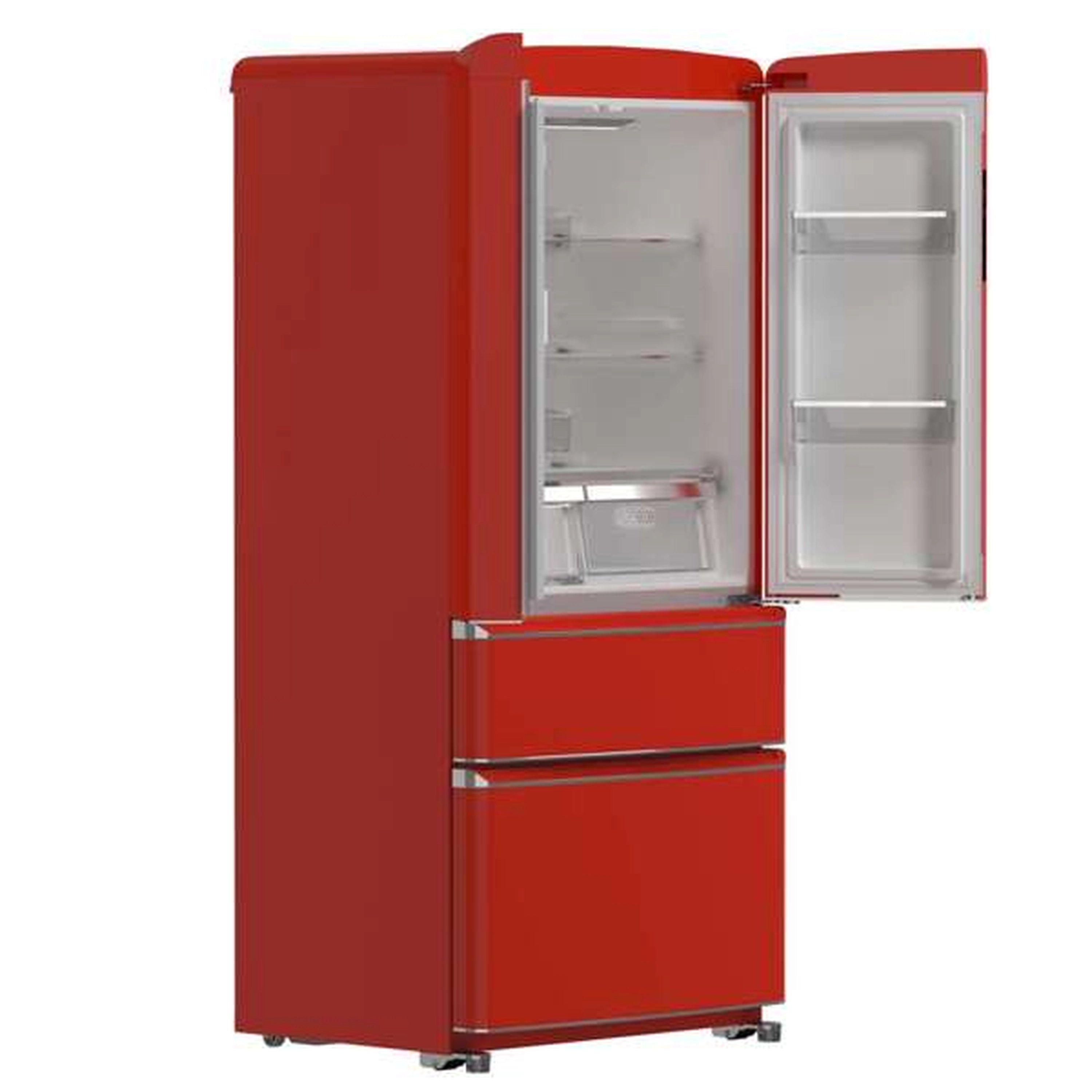 Red French door refrigerator with open upper doors showing shelves and lower freezer drawers