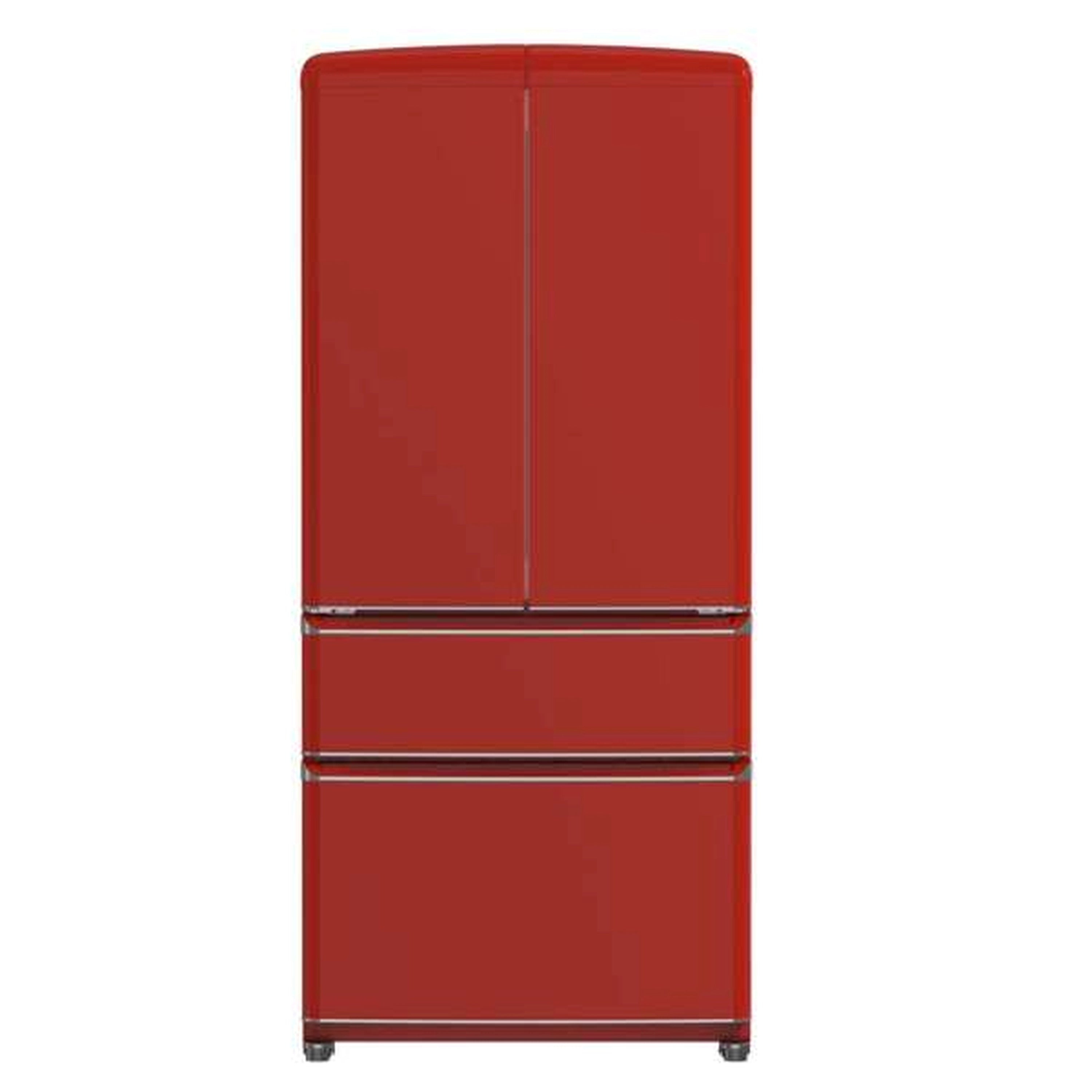 Red French door refrigerator with closed upper double doors and lower freezer drawer