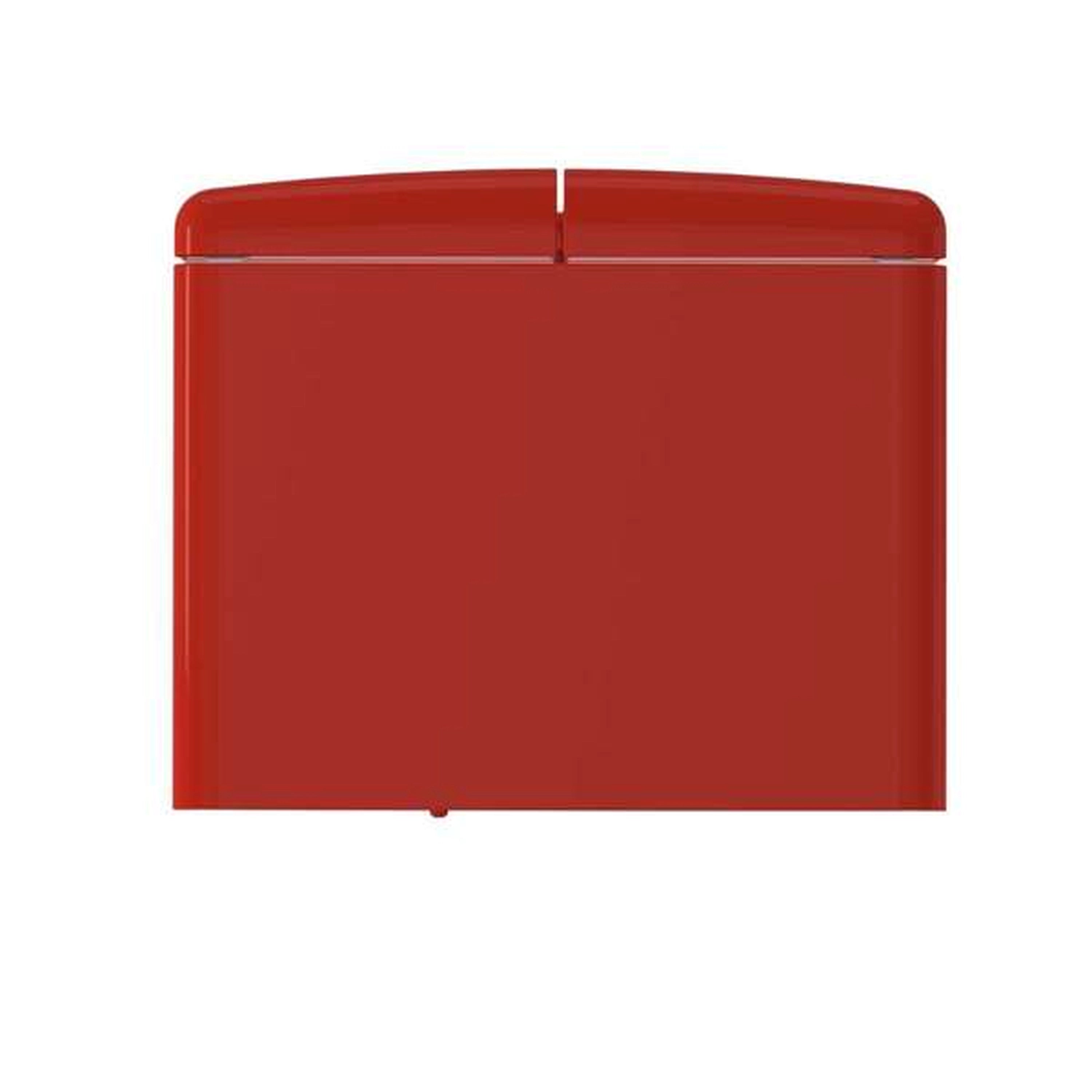 Red refrigerator front top view with two-door seam and rounded cabinet corners.