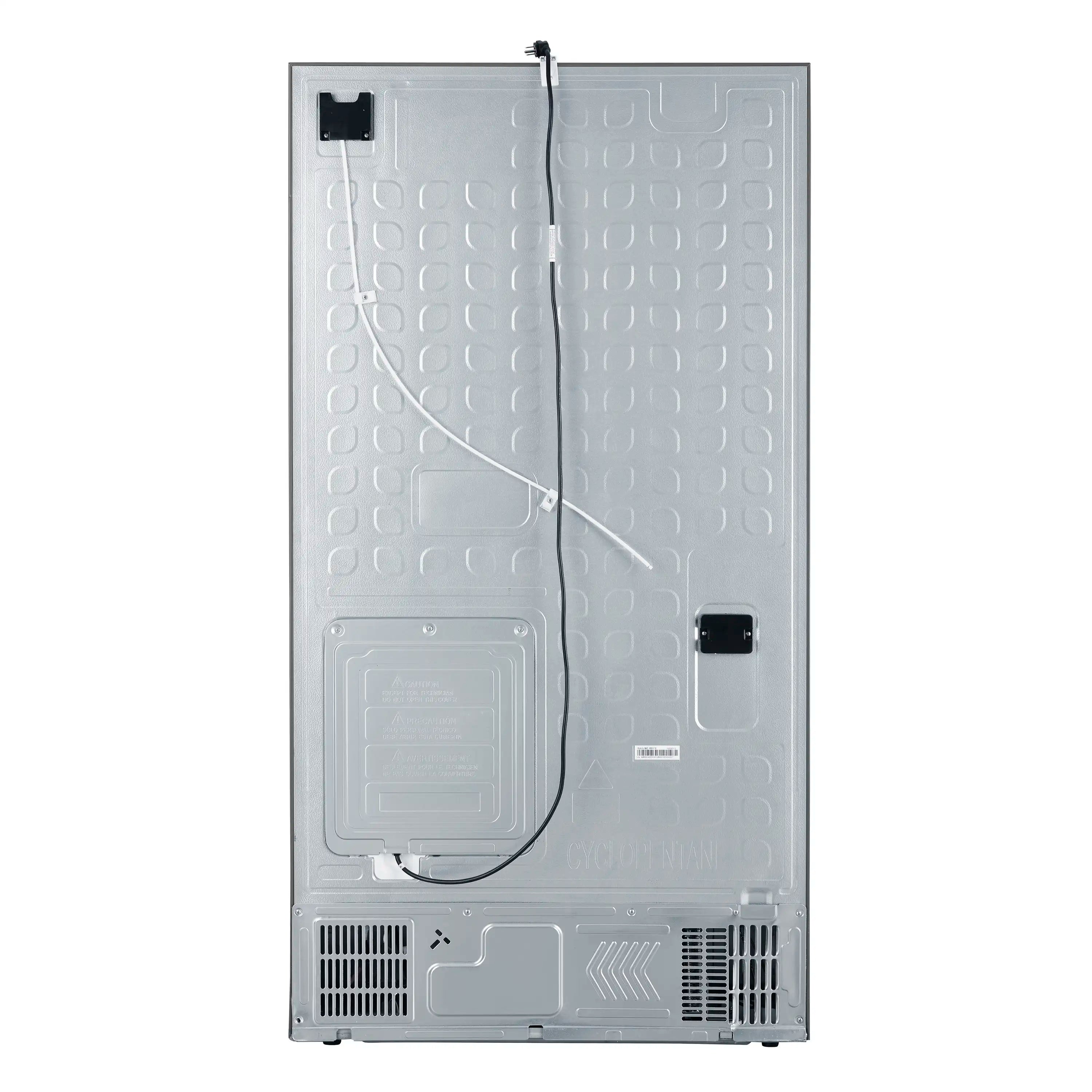 Open French door refrigerator showing interior panels and ice-water dispenser area