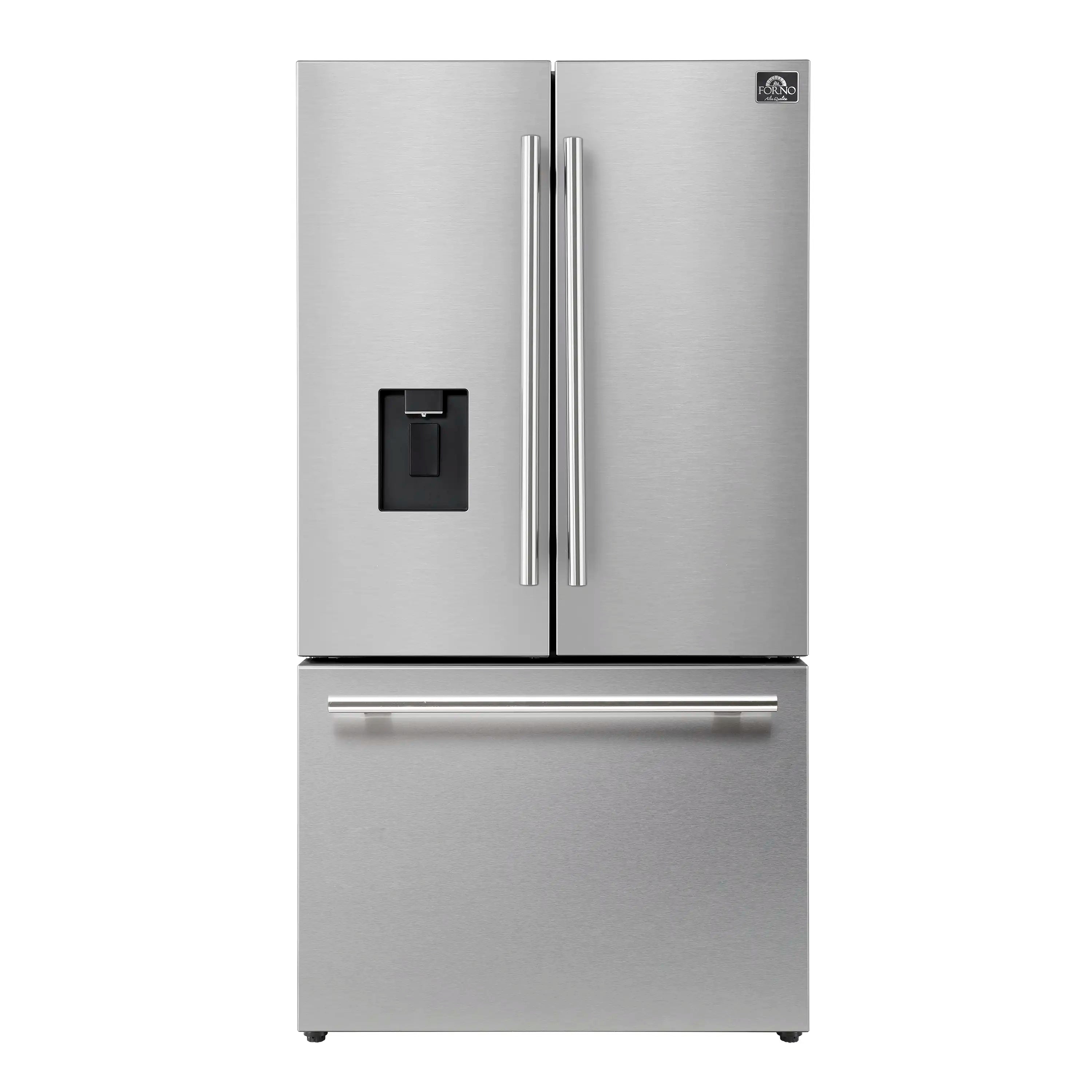 Stainless French door refrigerator with external water dispenser and double-door handles