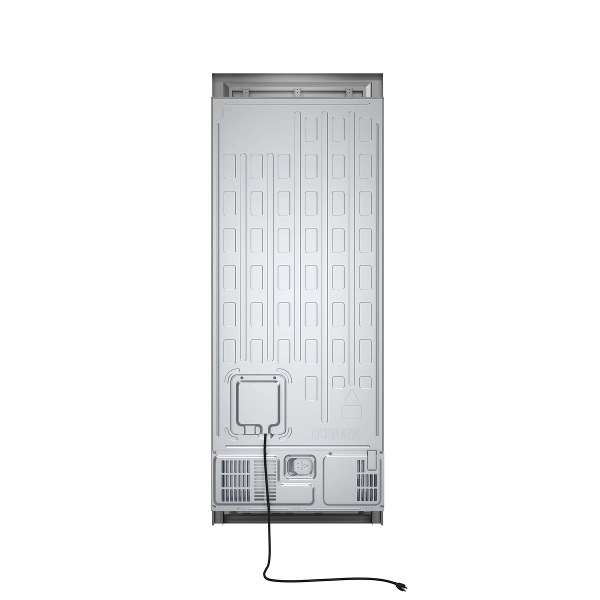 Built-in convertible refrigerator back view with ventilation grilles and power cord