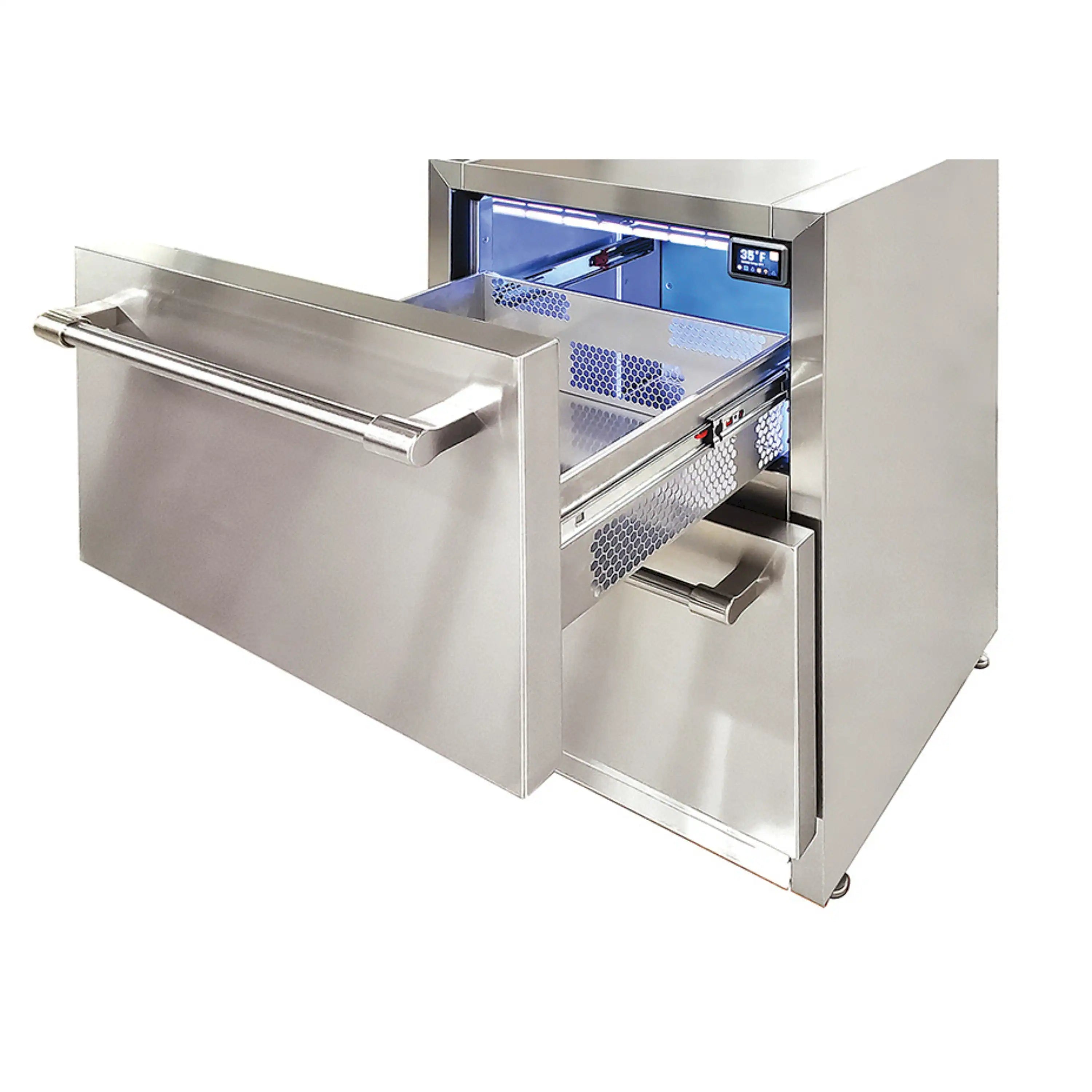 Stainless steel undercounter refrigerator with door open, interior shelves and blue light