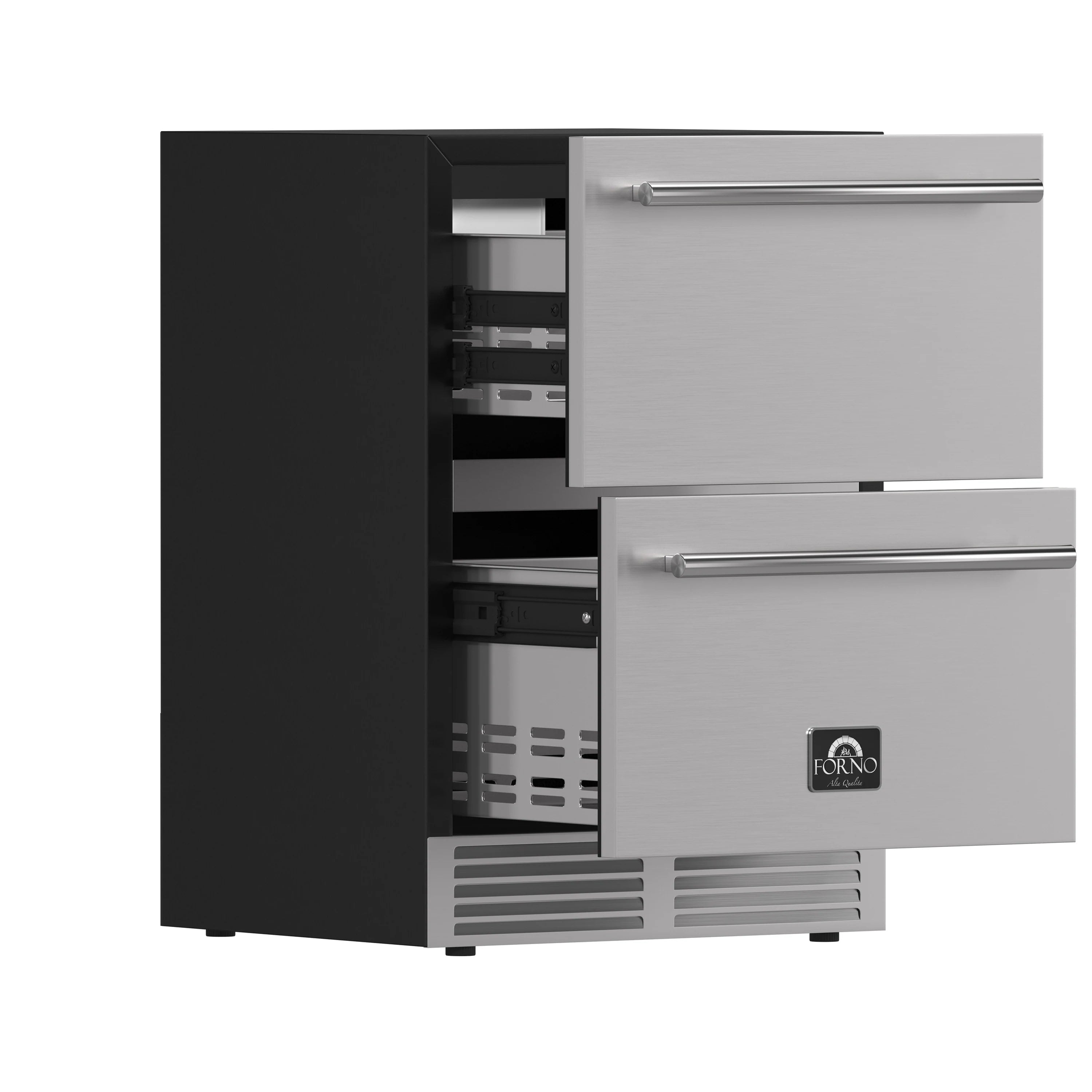 Drawer freezer with side open compartment showing drawers and vented grille