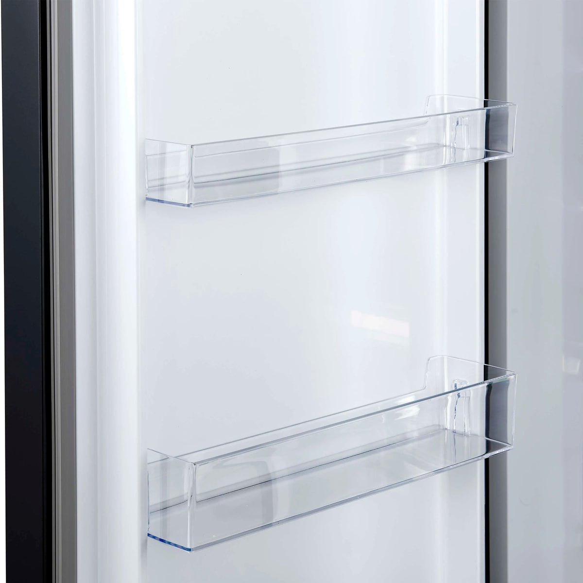 Black refrigerator interior with two clear glass shelves