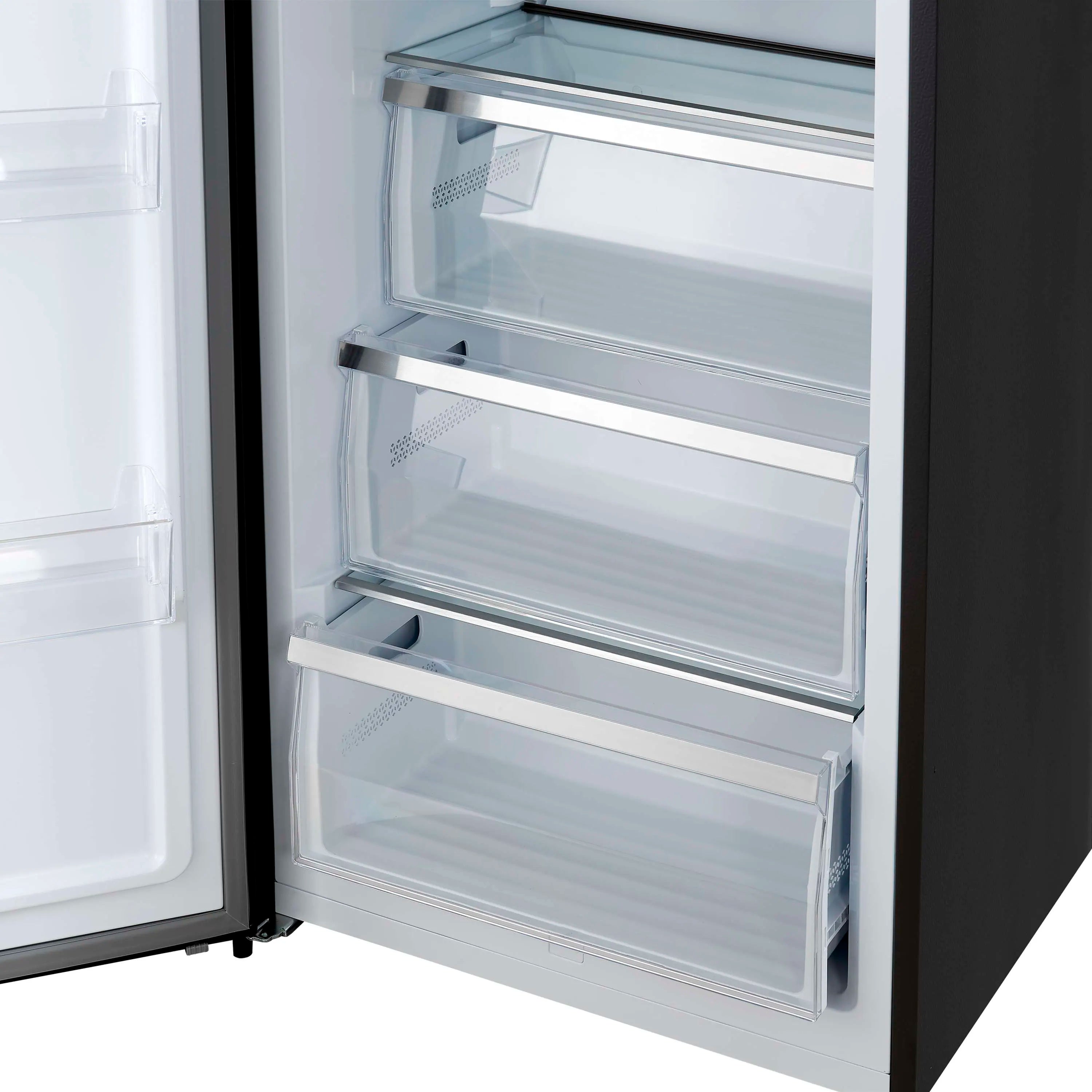 Refrigerator interior with open door, clear shelves and storage bins