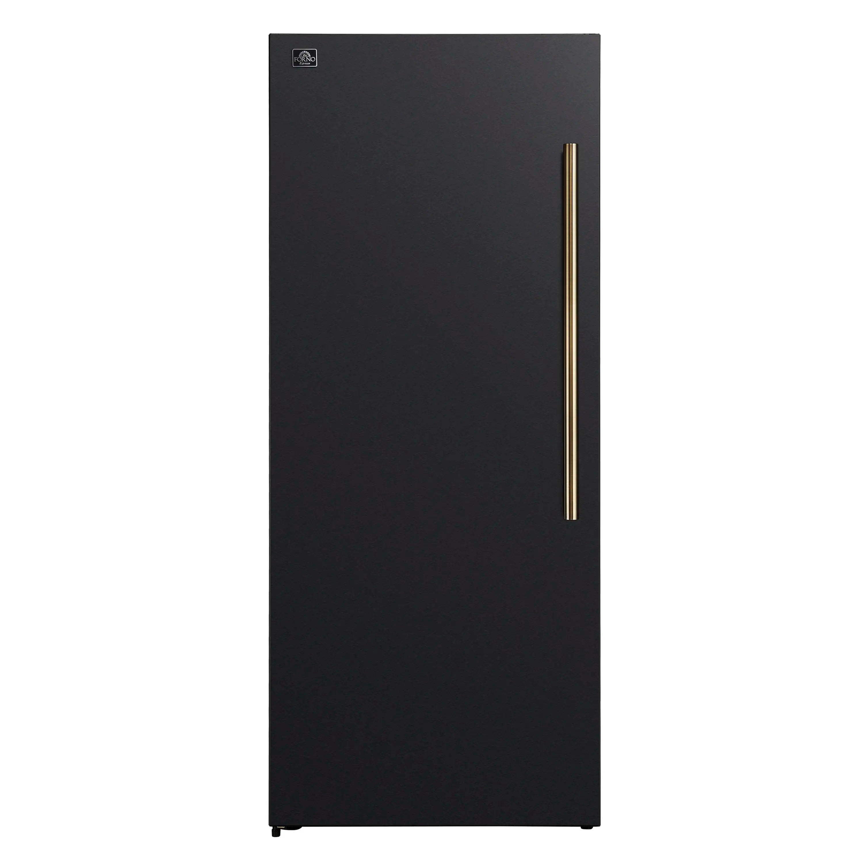 Black convertible upright freezer refrigerator with tall antique brass handle on front