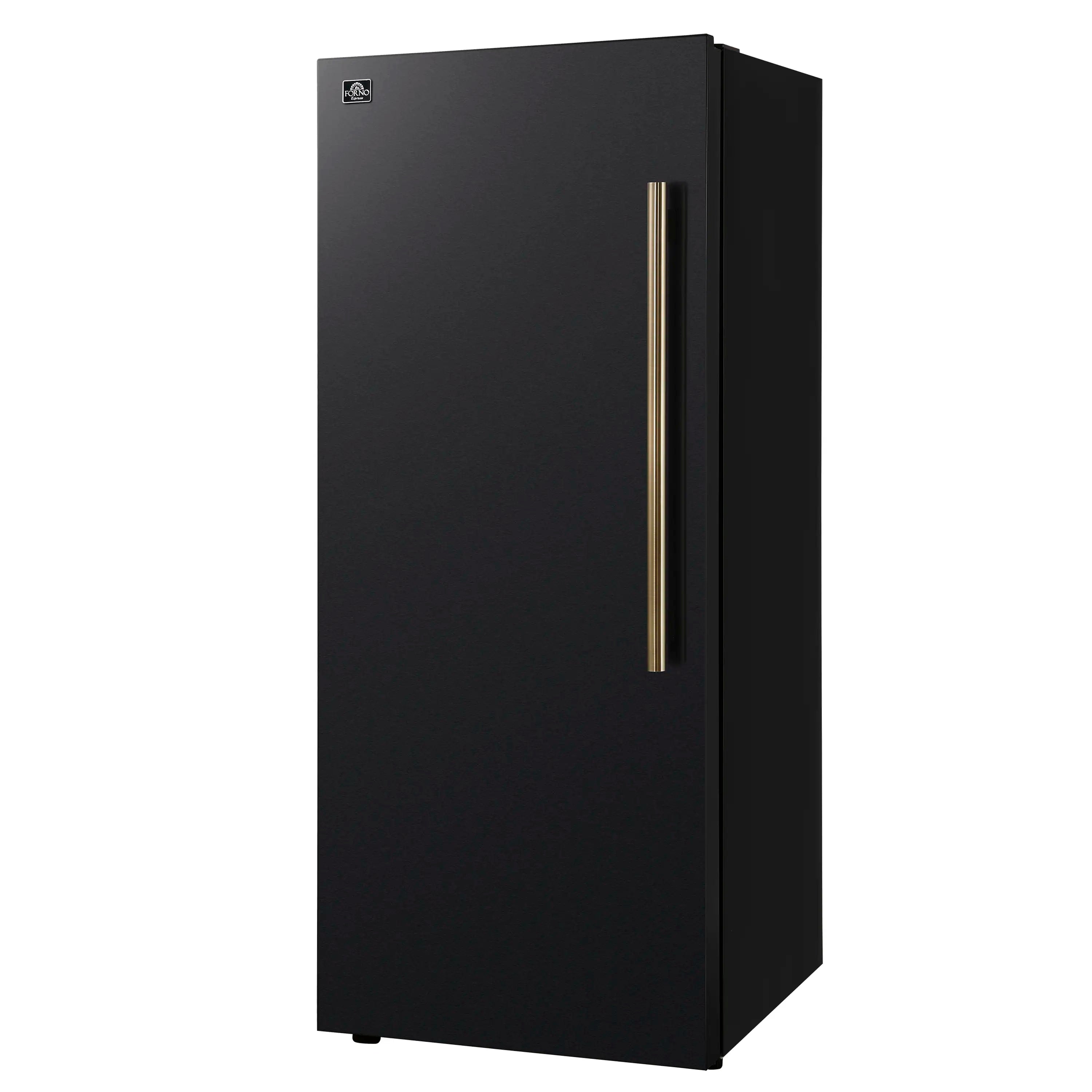 Black upright freezer refrigerator with antique brass handle, side angle view of door