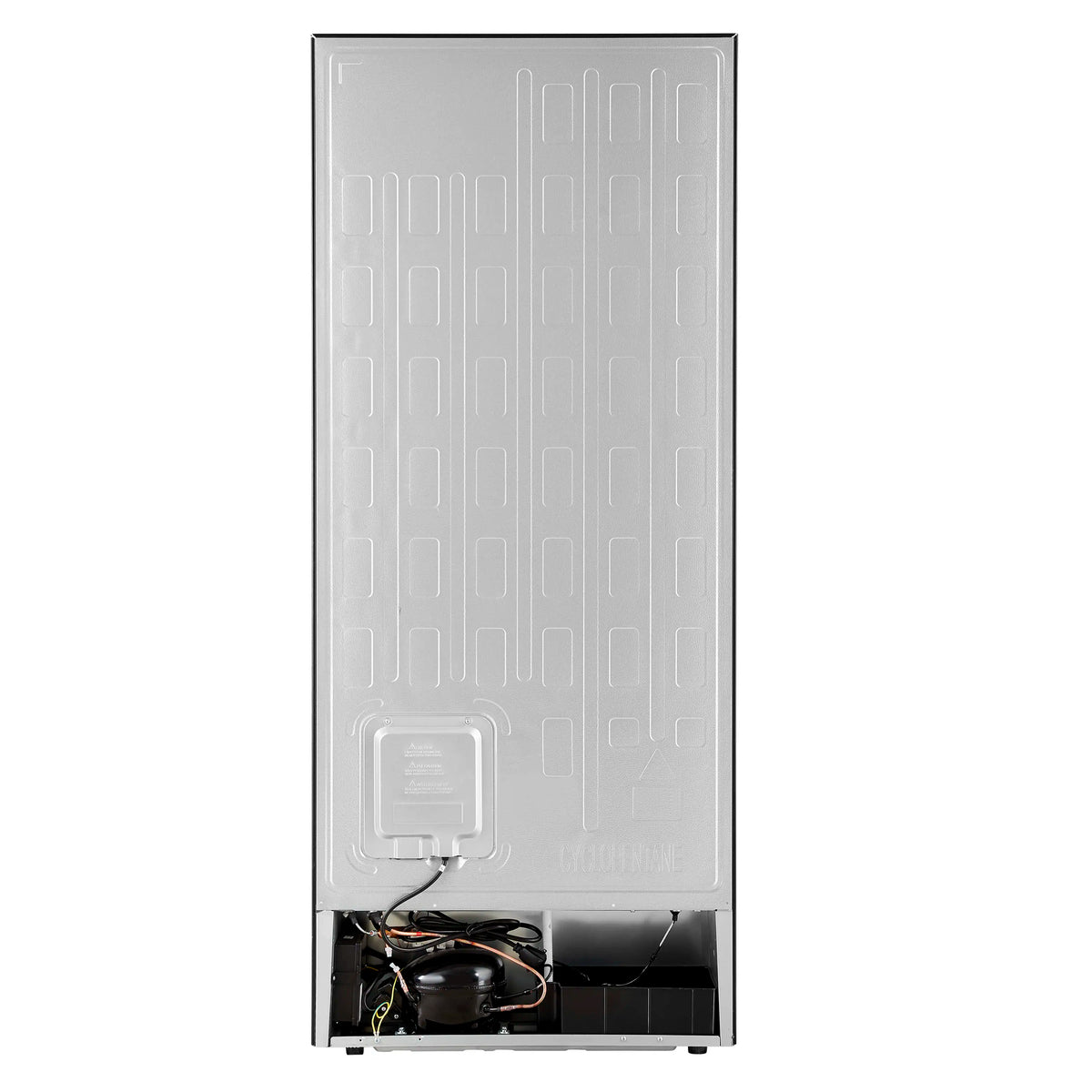 Upright freezer/refrigerator back panel with wiring and compressor visible at base