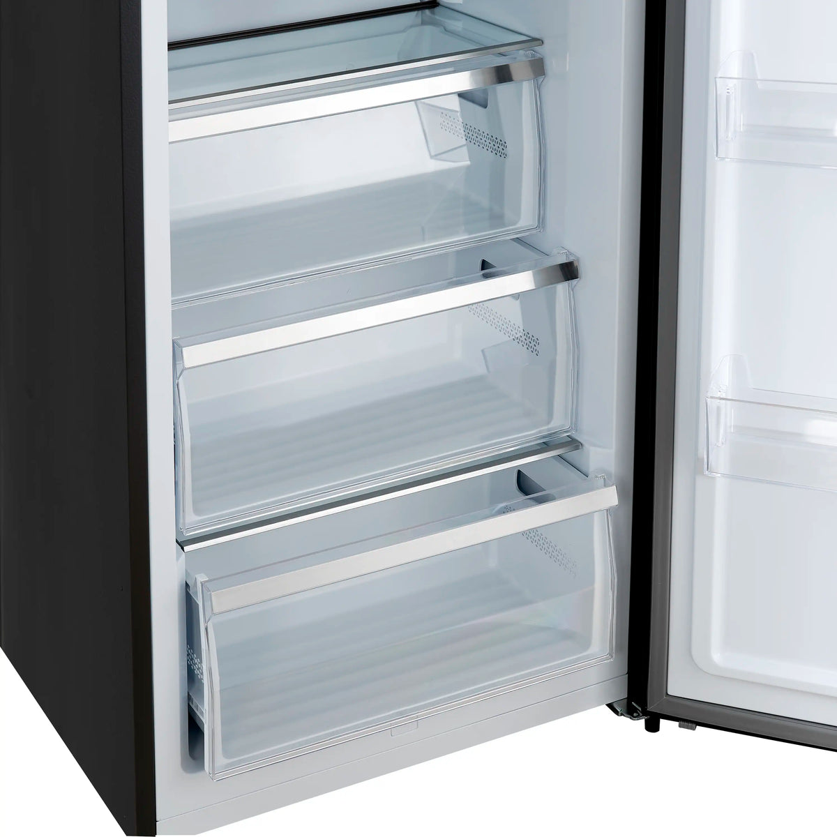 Black upright freezer/refrigerator with open door and glass shelves, white interior