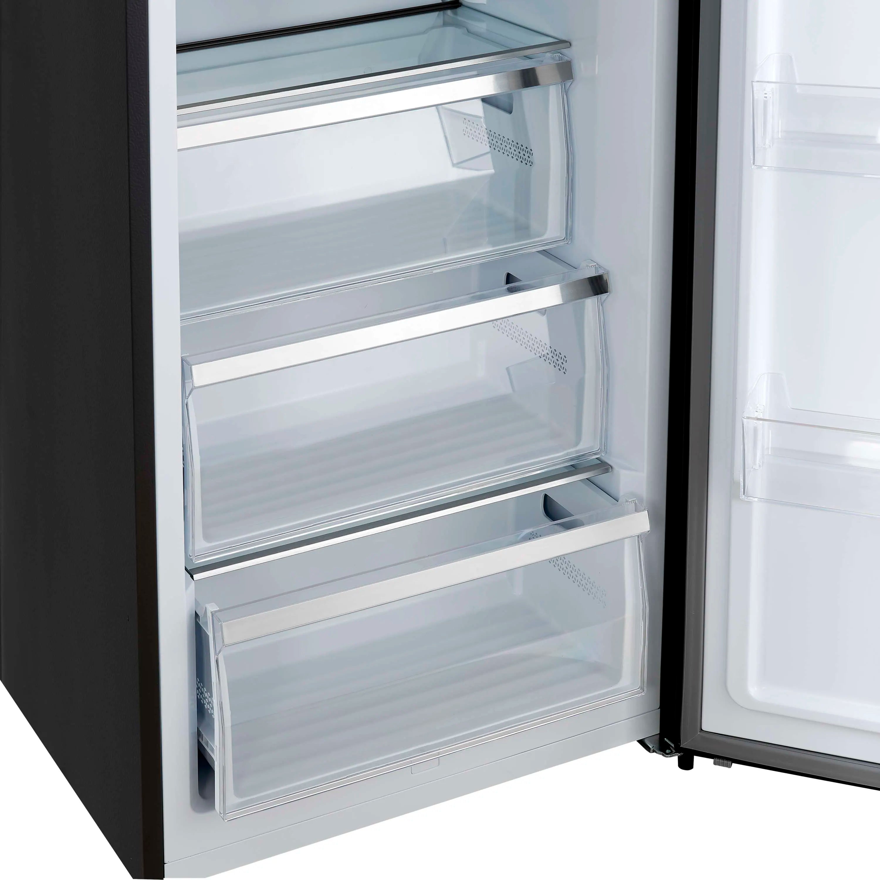 Refrigerator door open, white interior bins and shelves with clear glass-style supports