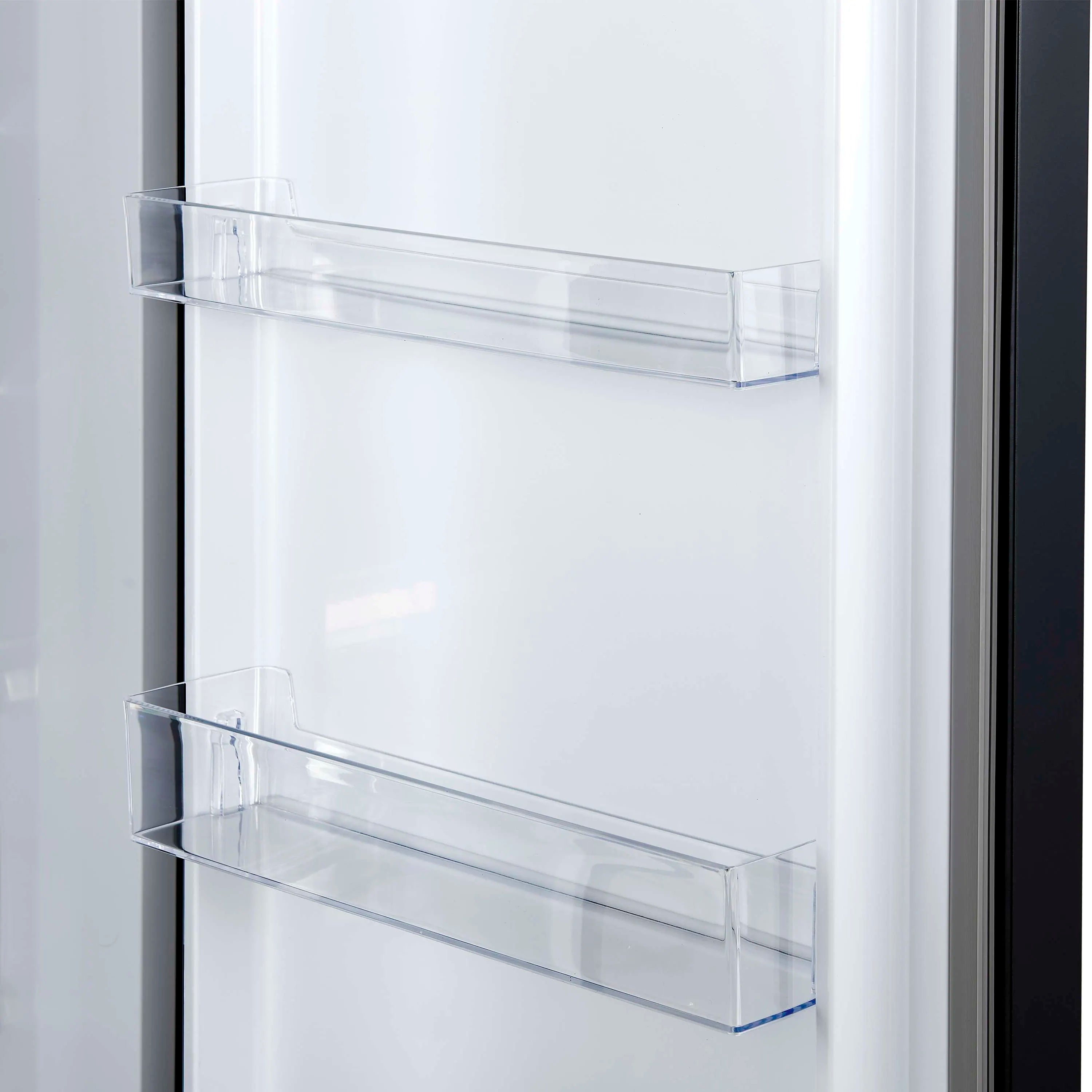 Refrigerator door with clear glass shelf and dark accent trim, stainless frame