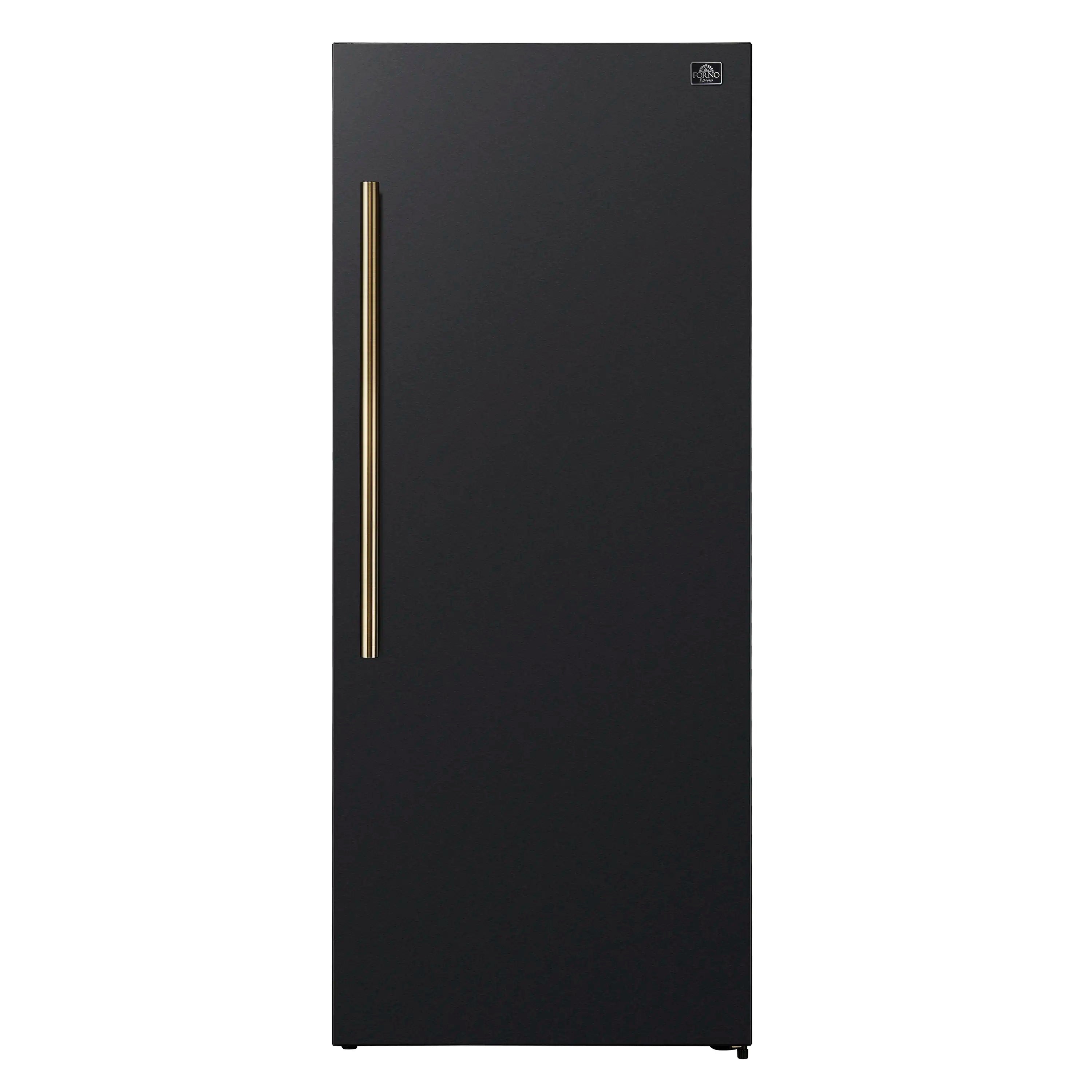 Black upright freezer/refrigerator with antique brass vertical handle, closed