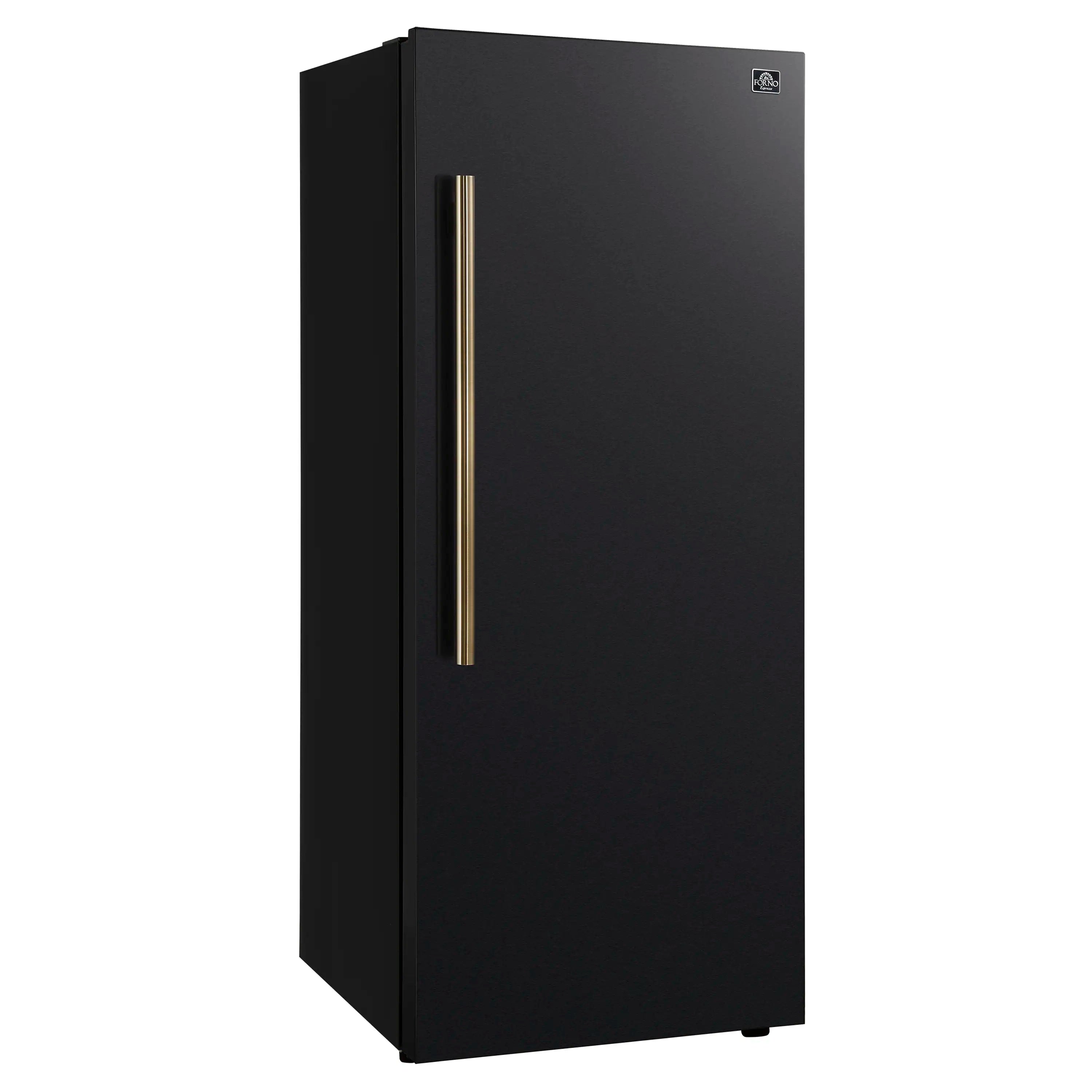 Black upright freezer/refrigerator with long antique brass handle, closed door