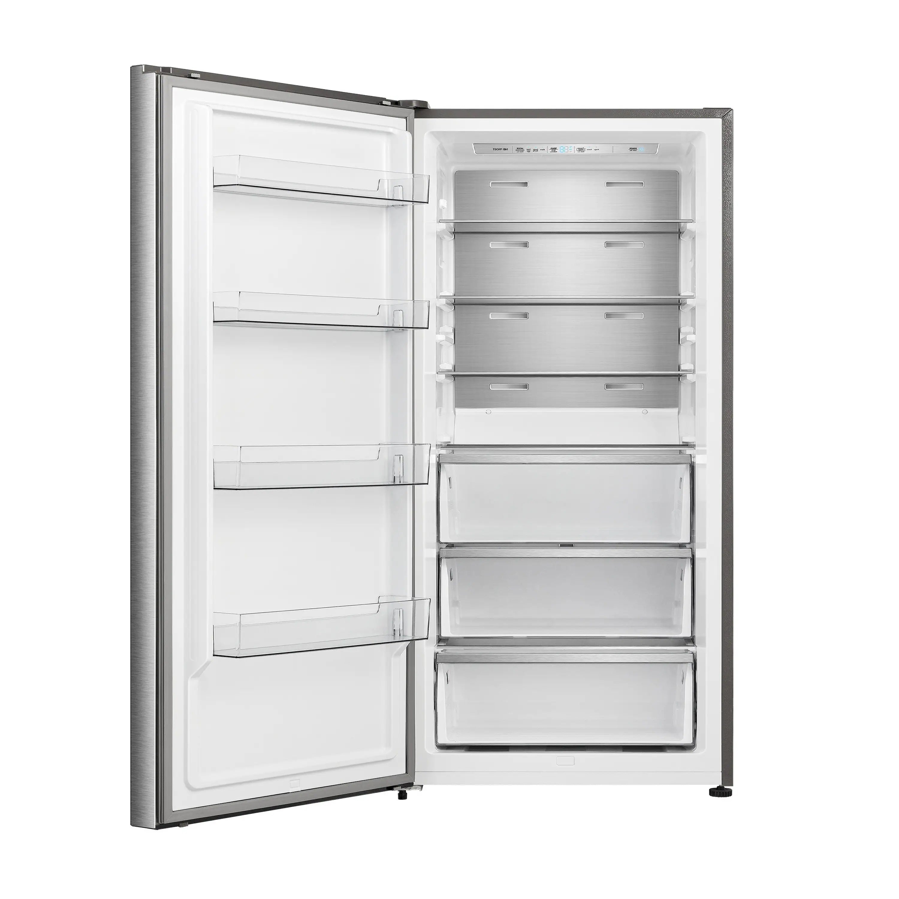 Convertible refrigerator/freezer with stainless steel finish, open doors and interior shelves