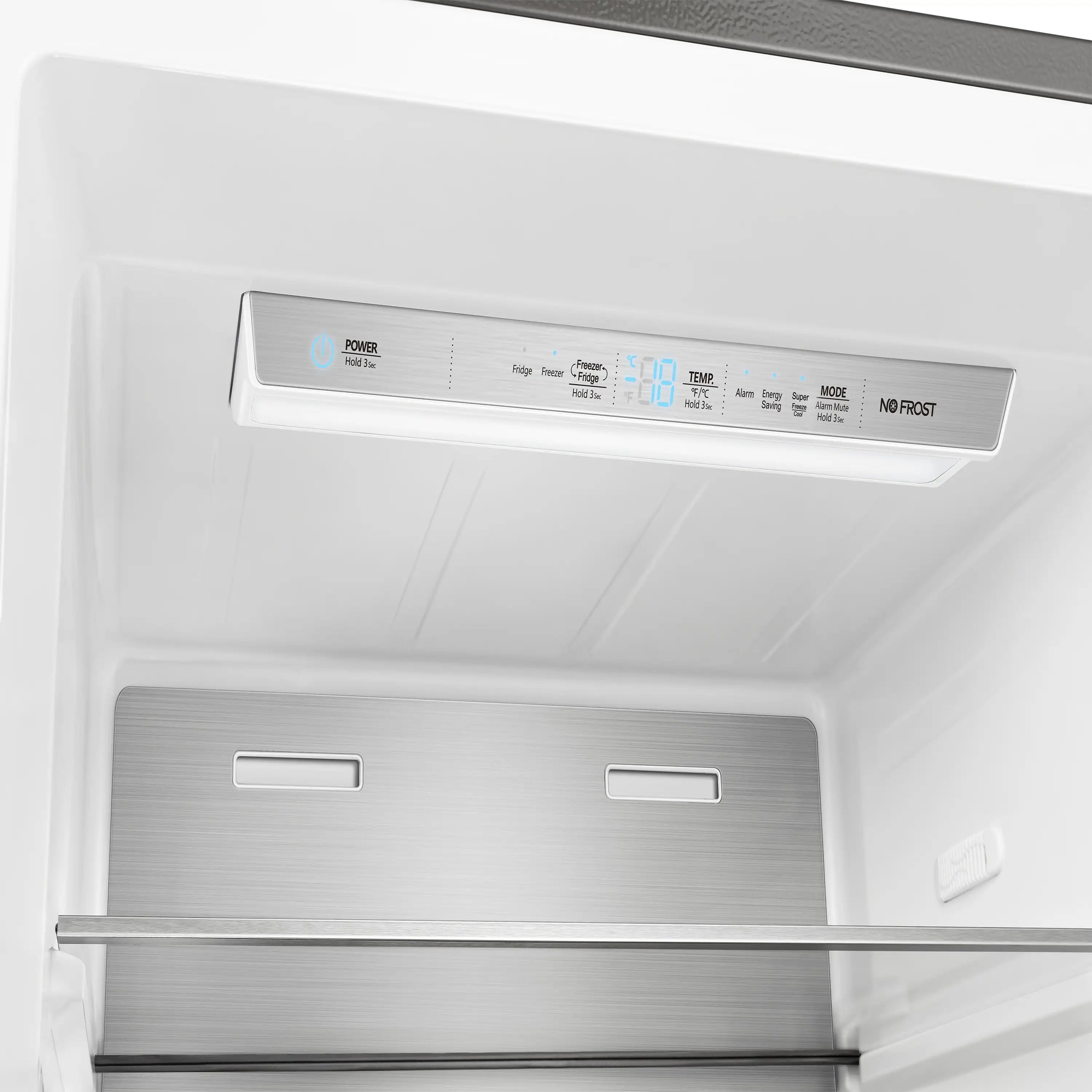 Convertible refrigerator/freezer interior control panel with digital display and buttons