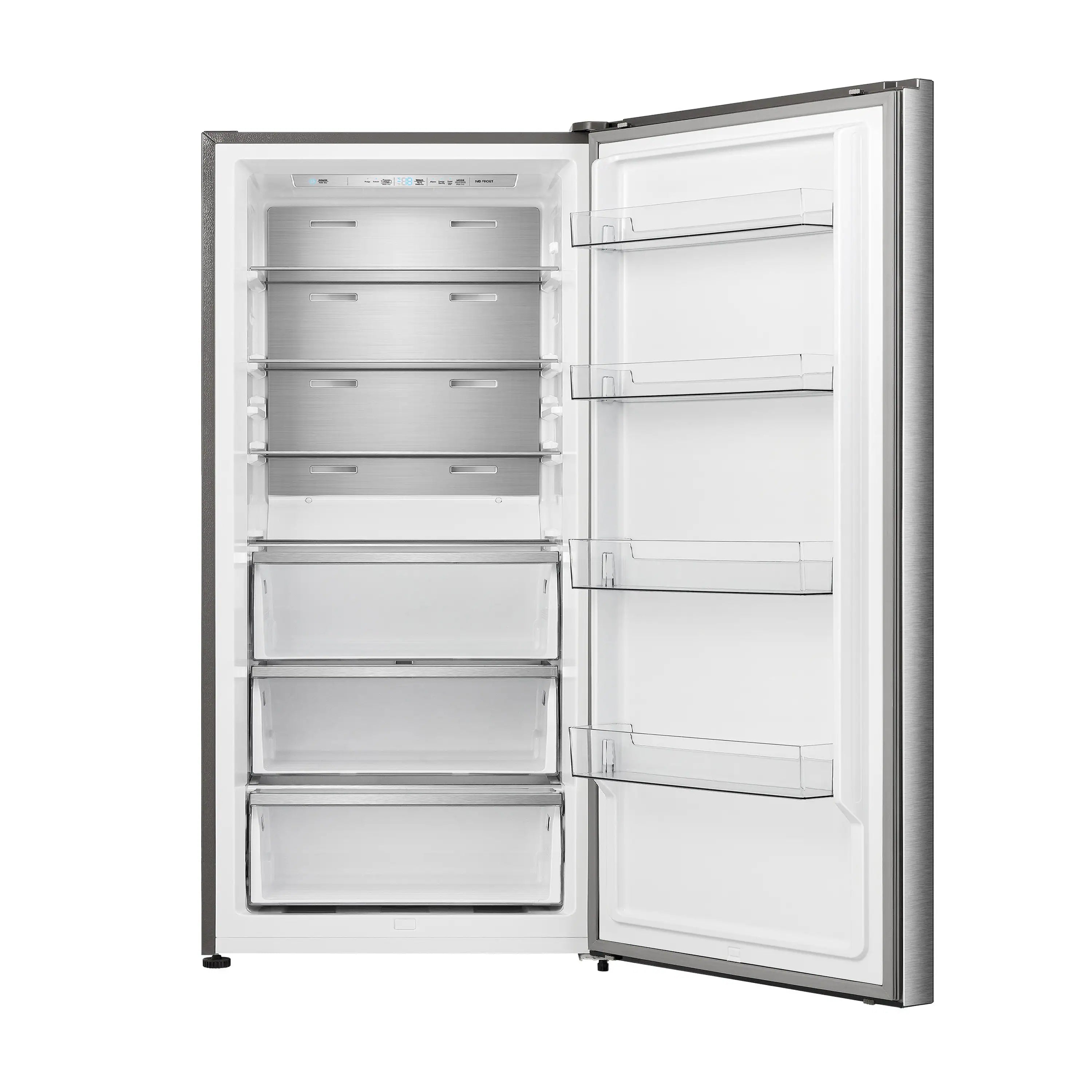 Convertible refrigerator/freezer door open showing fresh food and freezer shelves