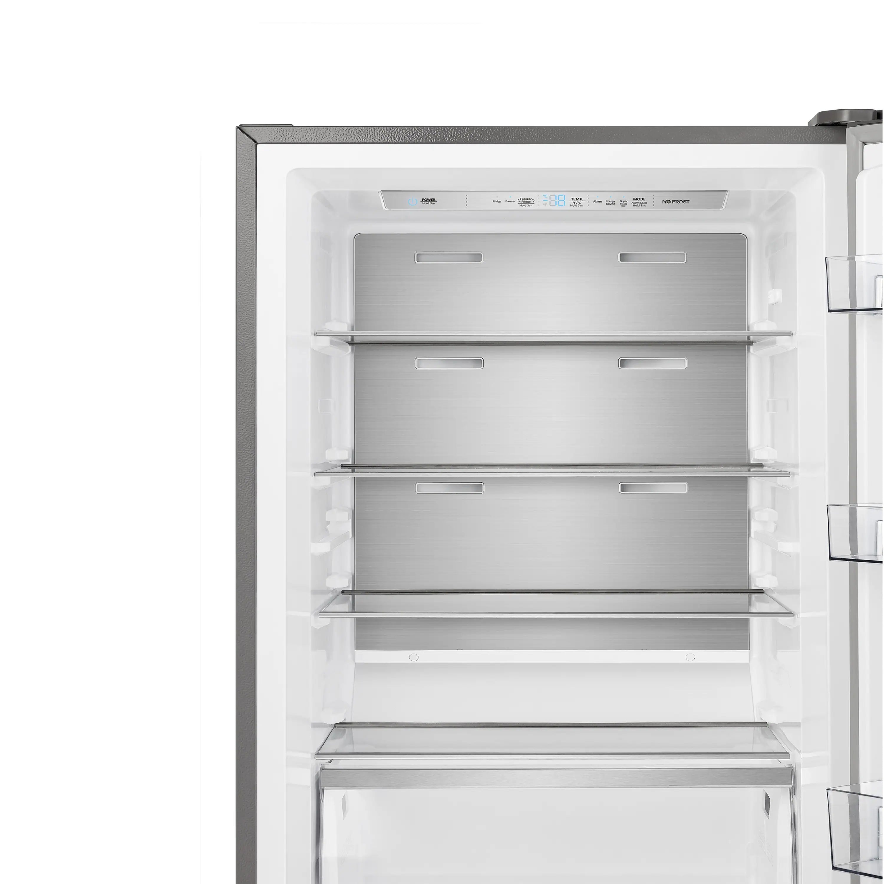 Convertible refrigerator/freezer interior with adjustable shelves and upper compartments