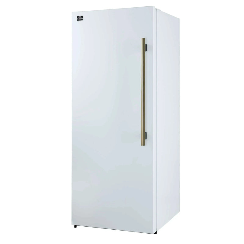 Forno 4-Piece Appliance Package - 36-Inch Antico Dual Fuel Range, 60-Inch Refrigerator, Dishwasher, & 30-Inch Microwave Oven in White with Antique Brass Handle
