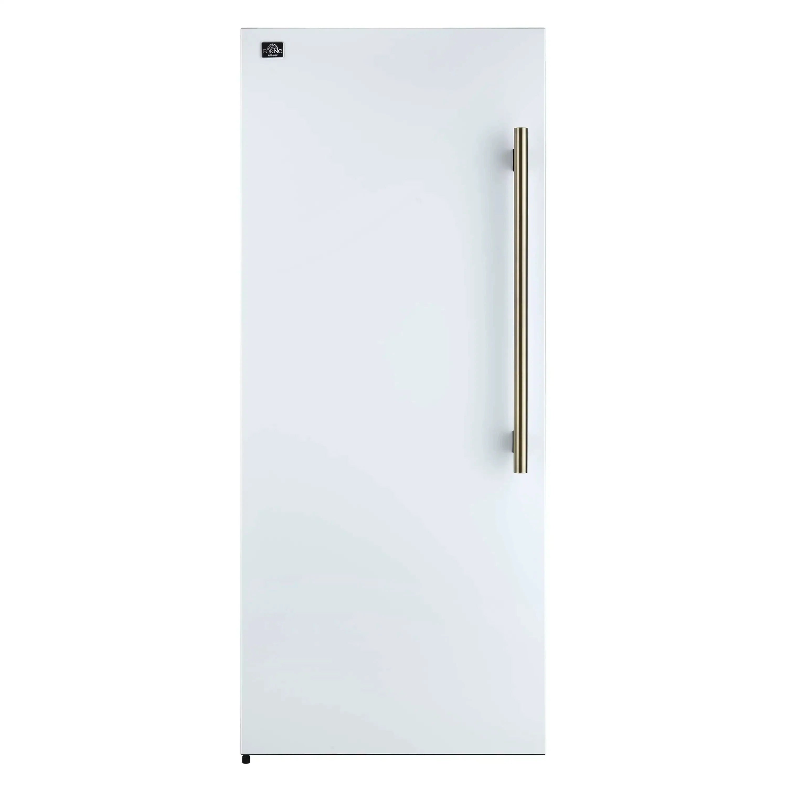 White refrigerator front with slim vertical antique brass handle