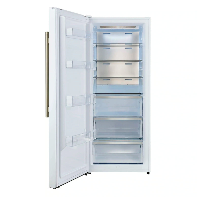 Forno 4-Piece Appliance Package - 36-Inch Antico Dual Fuel Range, 60-Inch Refrigerator, Dishwasher, & 30-Inch Microwave Oven in White with Antique Brass Handle